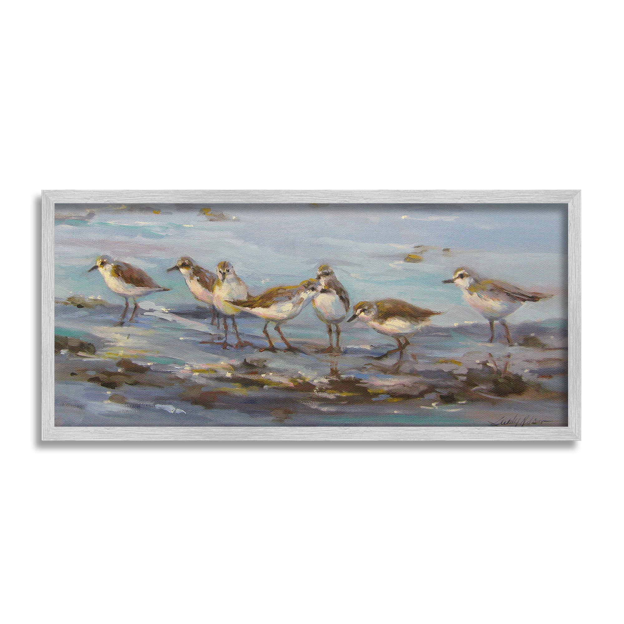 Stupell Industries Sandpiper Flock on Shore Animals & Insects Painting Gray Framed Art Print Wall Art, 30 x 13