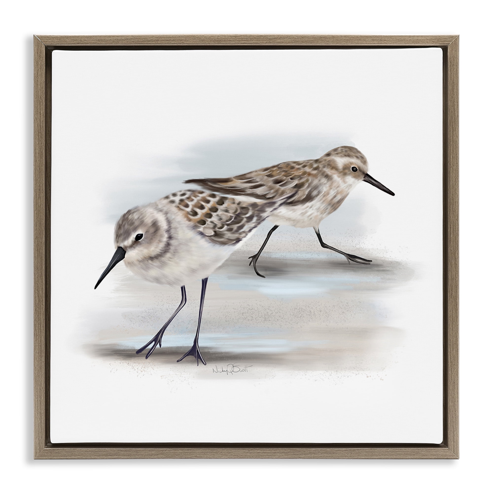 Stupell Industries Sandpiper Pair on Sandy Beach Animals & Insects Drawing Brown Floater Framed Canvas Art Print Wall Art, 18 x 18