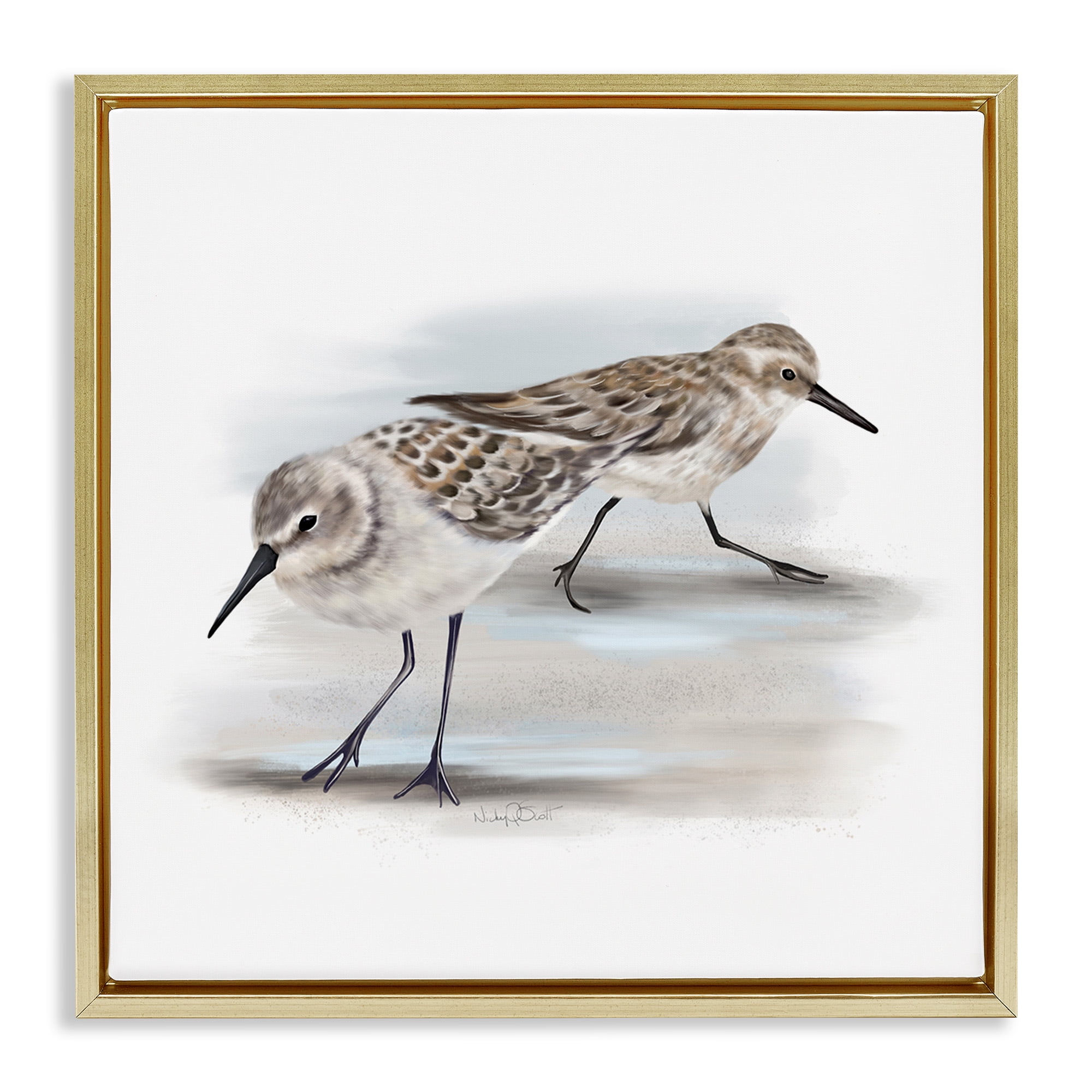 Stupell Industries Sandpiper Pair on Sandy Beach Animals & Insects Drawing Gold Floater Framed Canvas Art Print Wall Art, 25 x 25