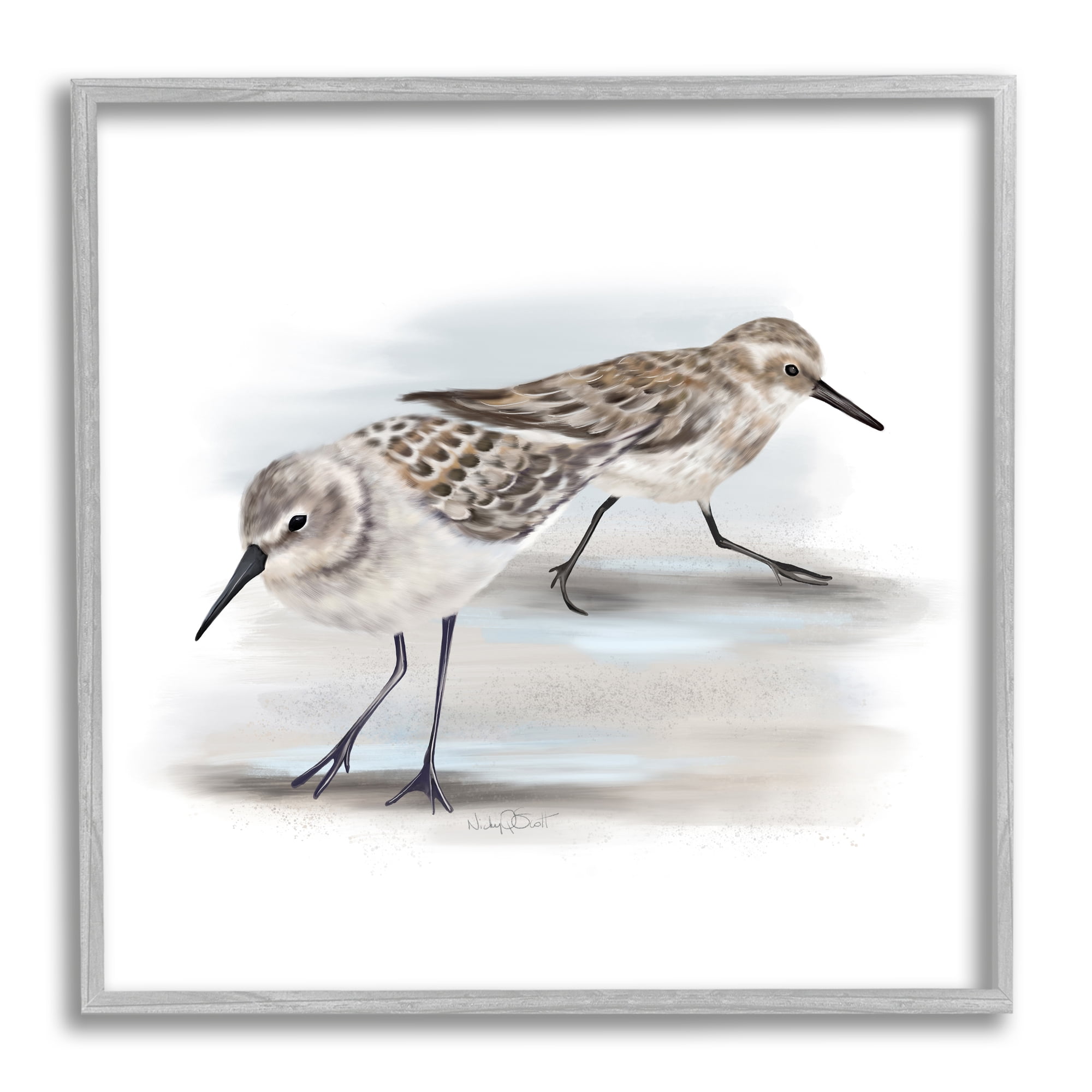Stupell Industries Sandpiper Pair on Sandy Beach Small Nautical Birds Coastal Drawing Gray Framed Art Print Wall Art, 12 x 12, Design by Studio Q