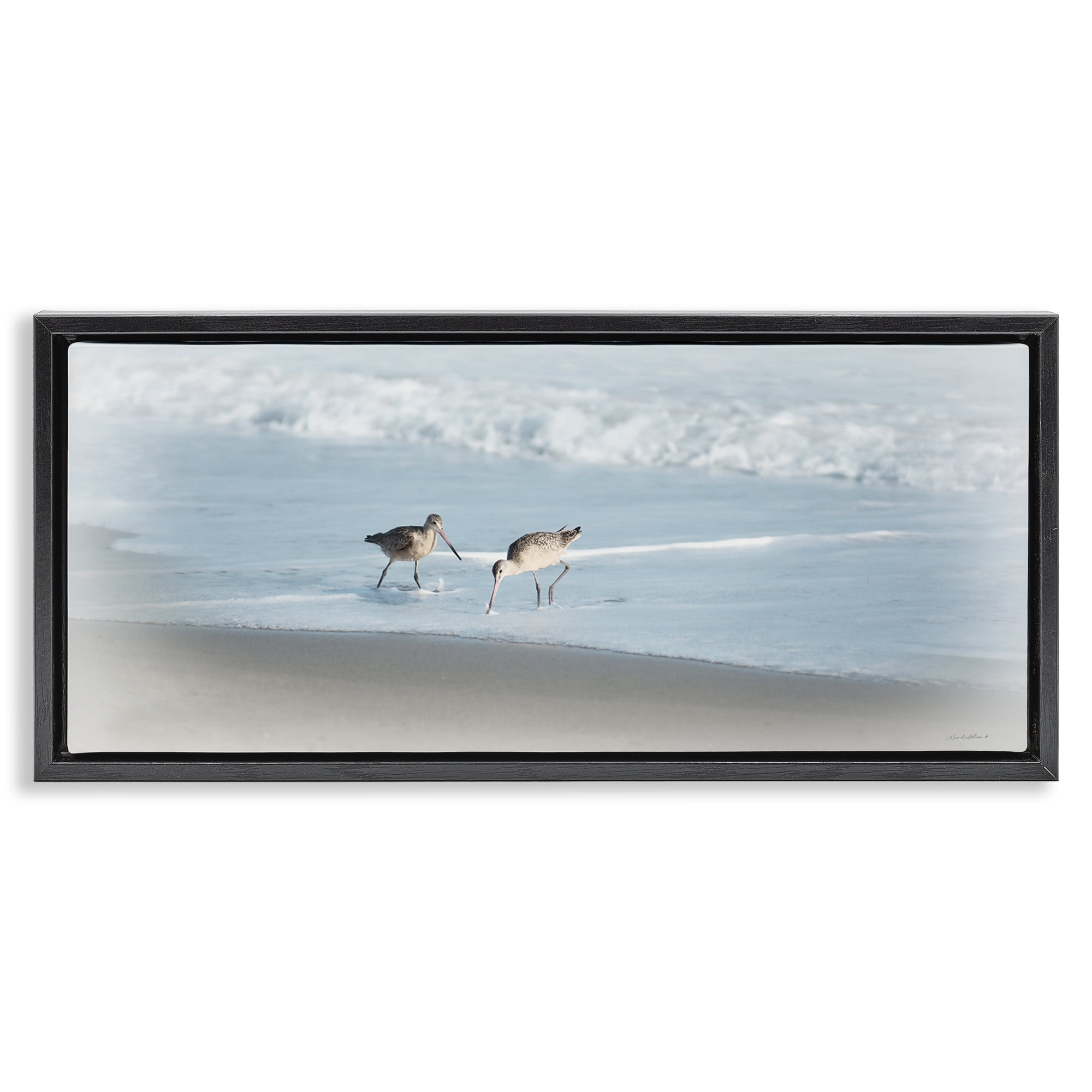 Stupell Industries Sandpiper Pair on Shore Nautical & Beach Painting Black Floater Framed Canvas Art Print Wall Art, 25 x 11