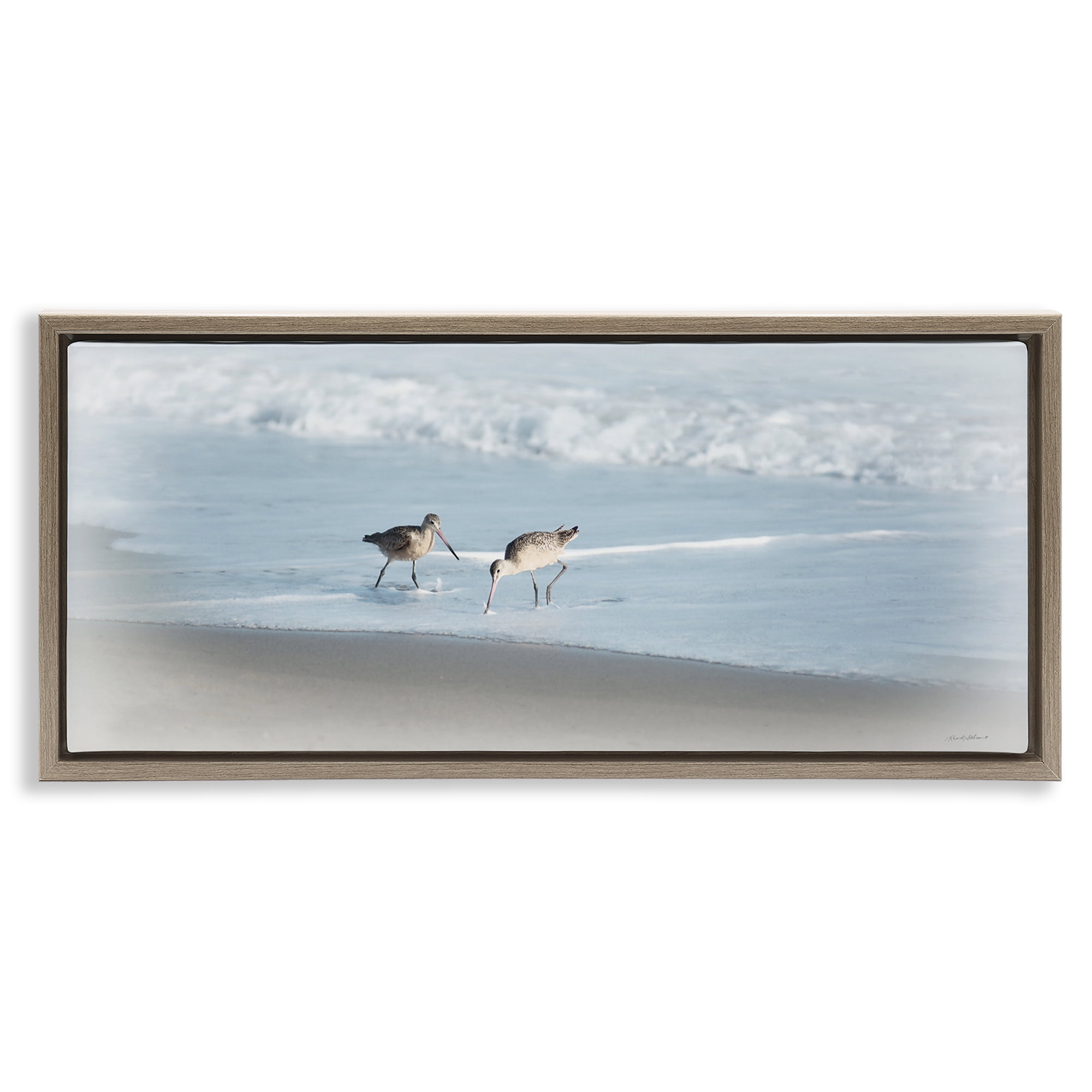 Stupell Industries Sandpiper Pair on Shore Nautical & Beach Painting Brown Floater Framed Canvas Art Print Wall Art, 25 x 11