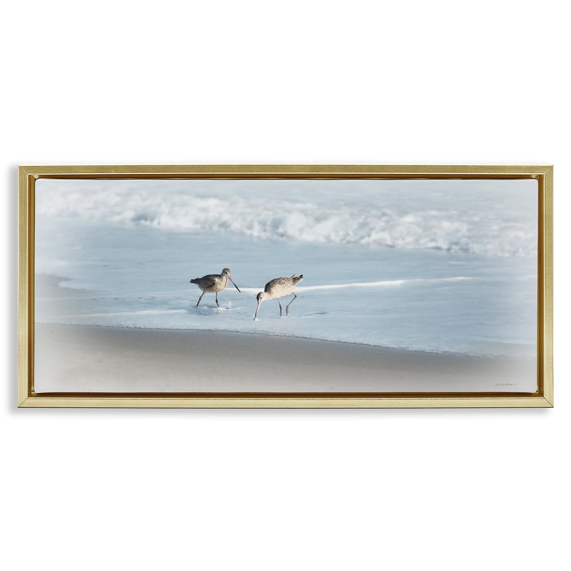 Stupell Industries Sandpiper Pair on Shore Nautical & Beach Painting Gold Floater Framed Canvas Art Print Wall Art, 25 x 11