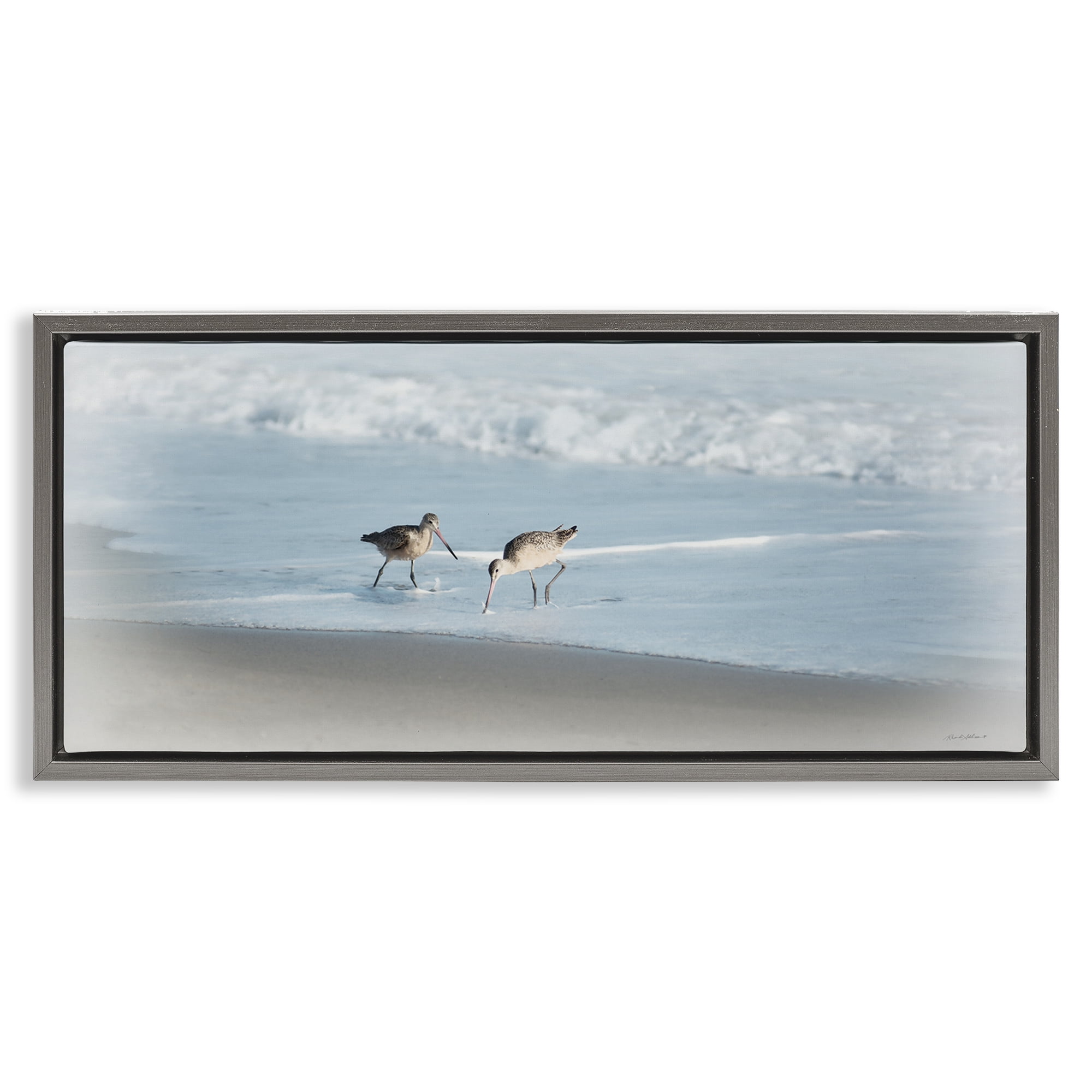 Stupell Industries Sandpiper Pair on Shore Nautical & Beach Painting Gray Floater Framed Canvas Art Print Wall Art, 31 x 14