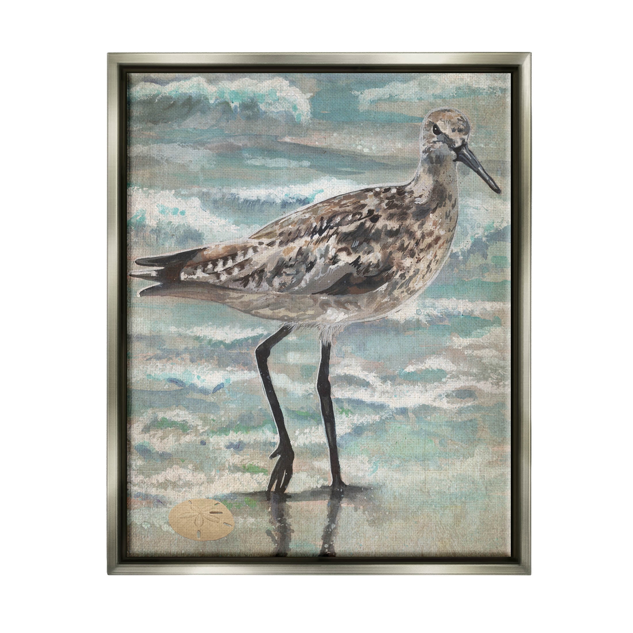 Stupell Industries Sandpiper Stepping Beach Coast Painting Luster Gray Floating Framed Canvas Print Wall Art, Design by Erica Christopher