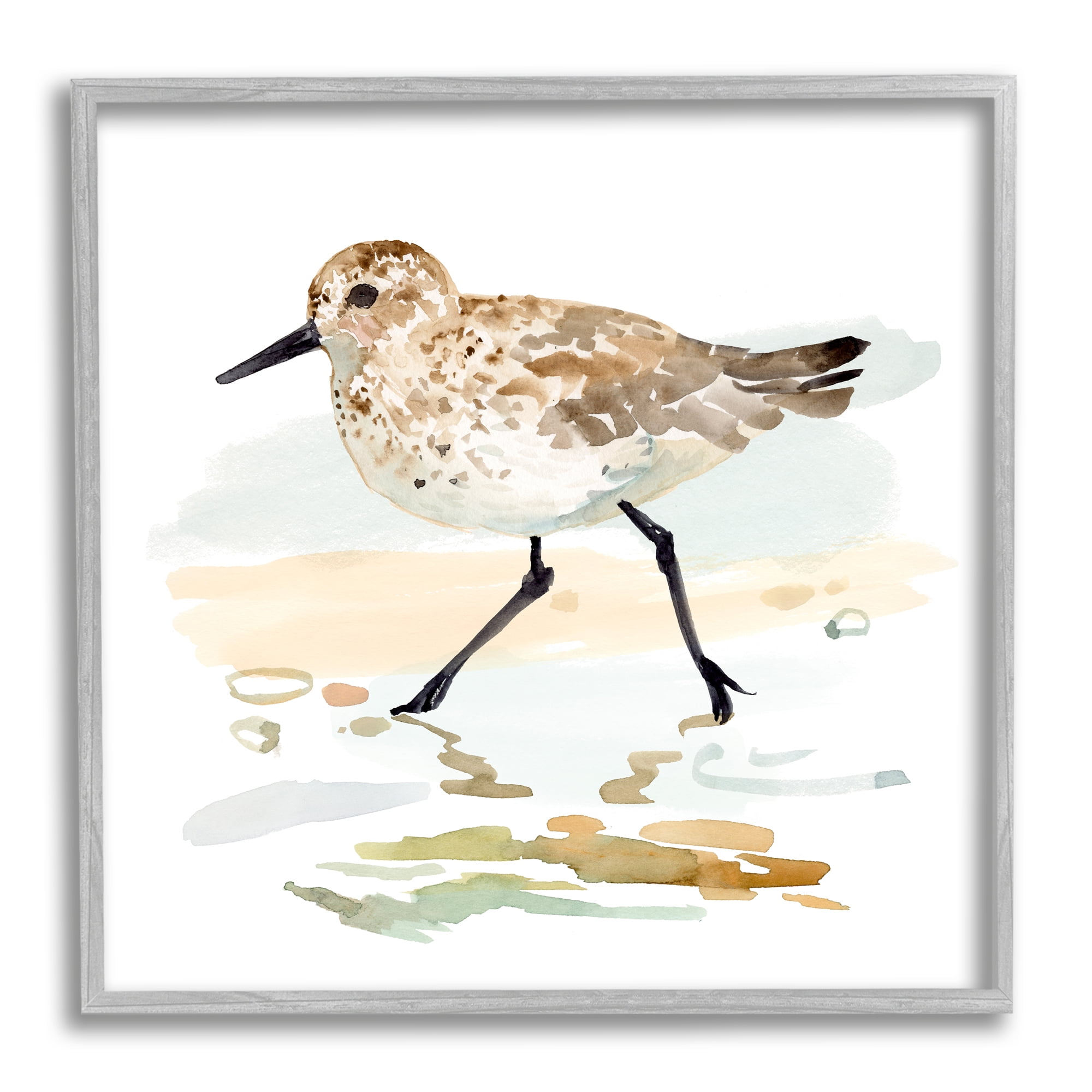Stupell Industries Sandpiper Stepping on Shore Animals & Insects Painting Gray Framed Art Print Wall Art, 17 x 17