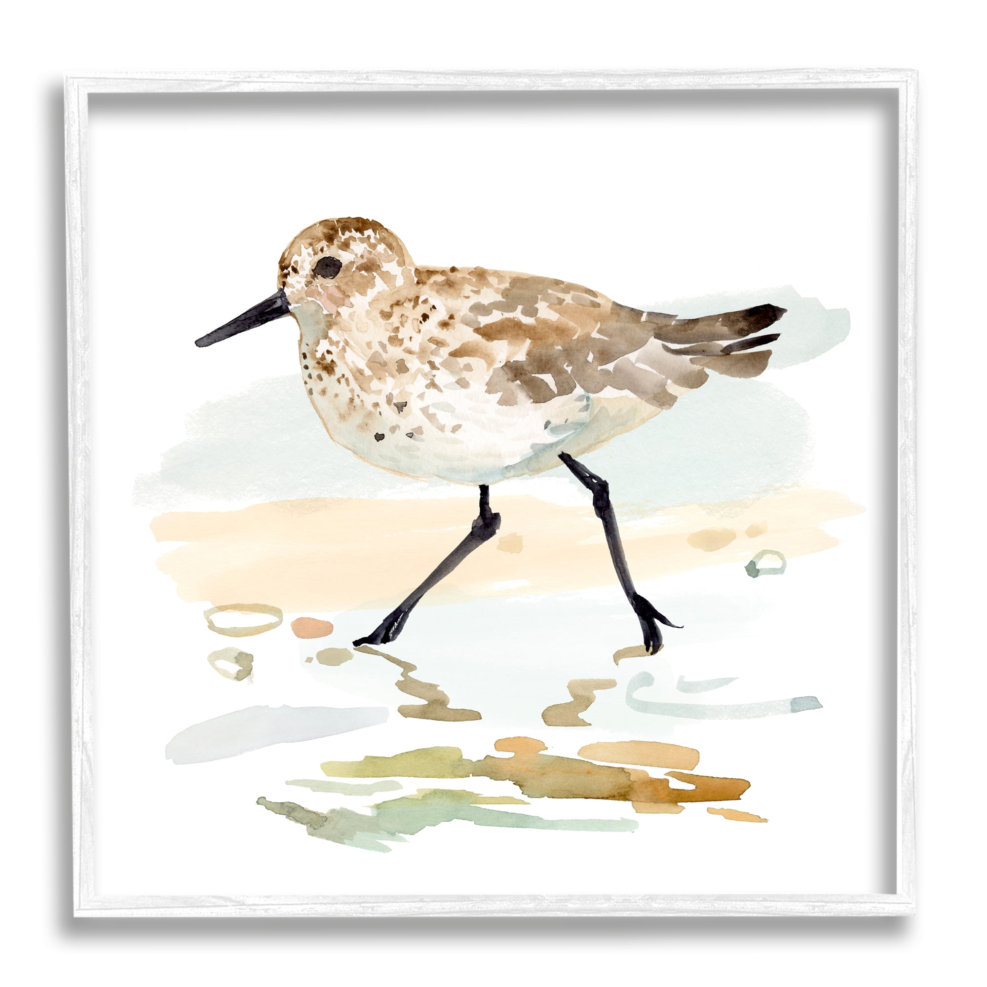 Stupell Industries Sandpiper Stepping on Shore Animals & Insects Painting White Framed Art Print Wall Art, 17 x 17