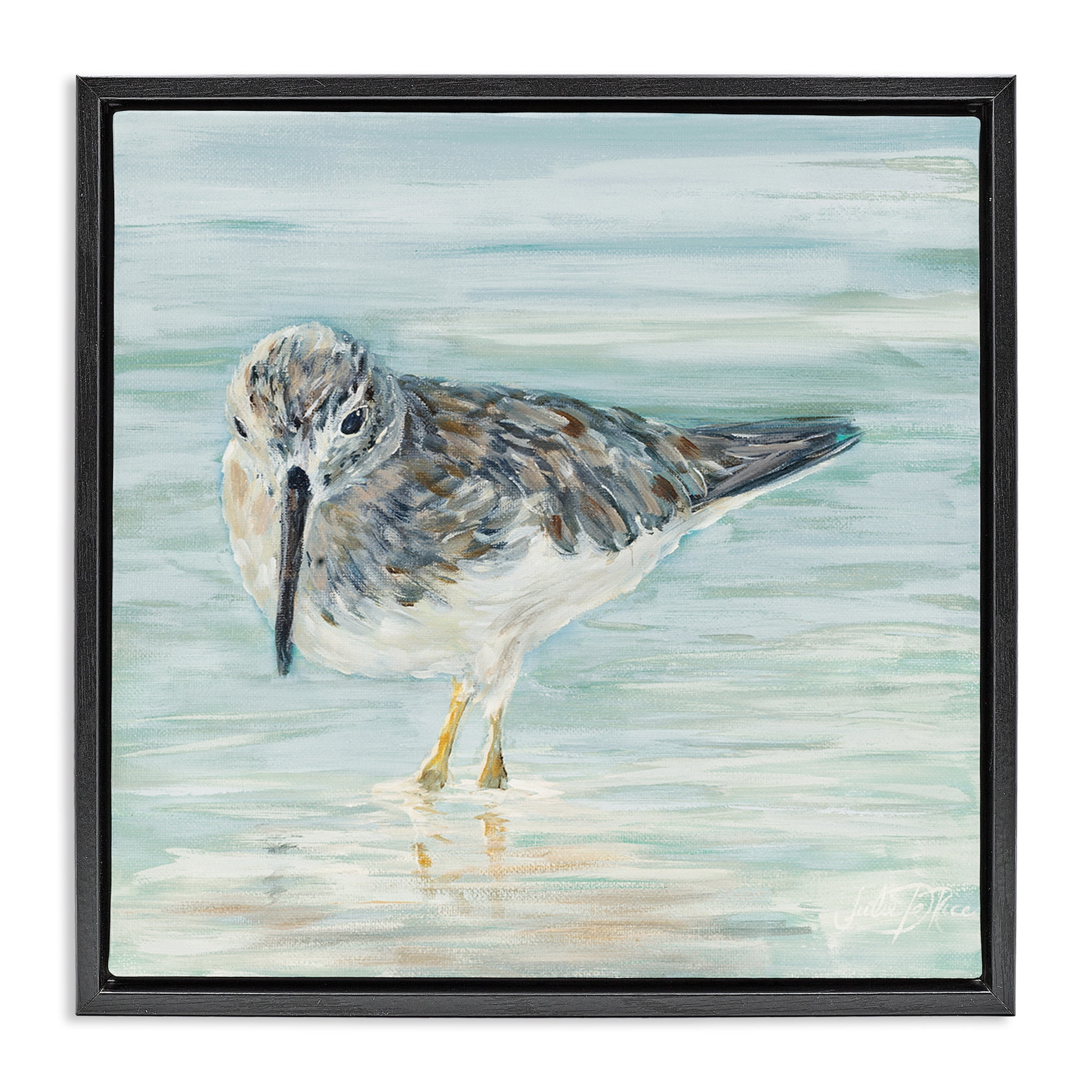 Stupell Industries Sandpiper in Shallow Beach Waters Animals & Insects Painting Black Floater Framed Canvas Art Print Wall Art, 18 x 18