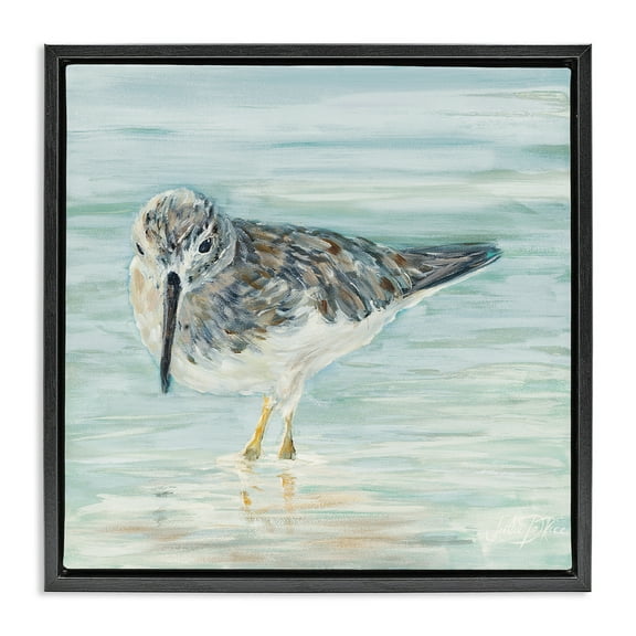 Stupell Industries Sandpiper in Shallow Beach Waters Animals & Insects Painting Black Floater Framed Canvas Art Print Wall Art, 18 x 18