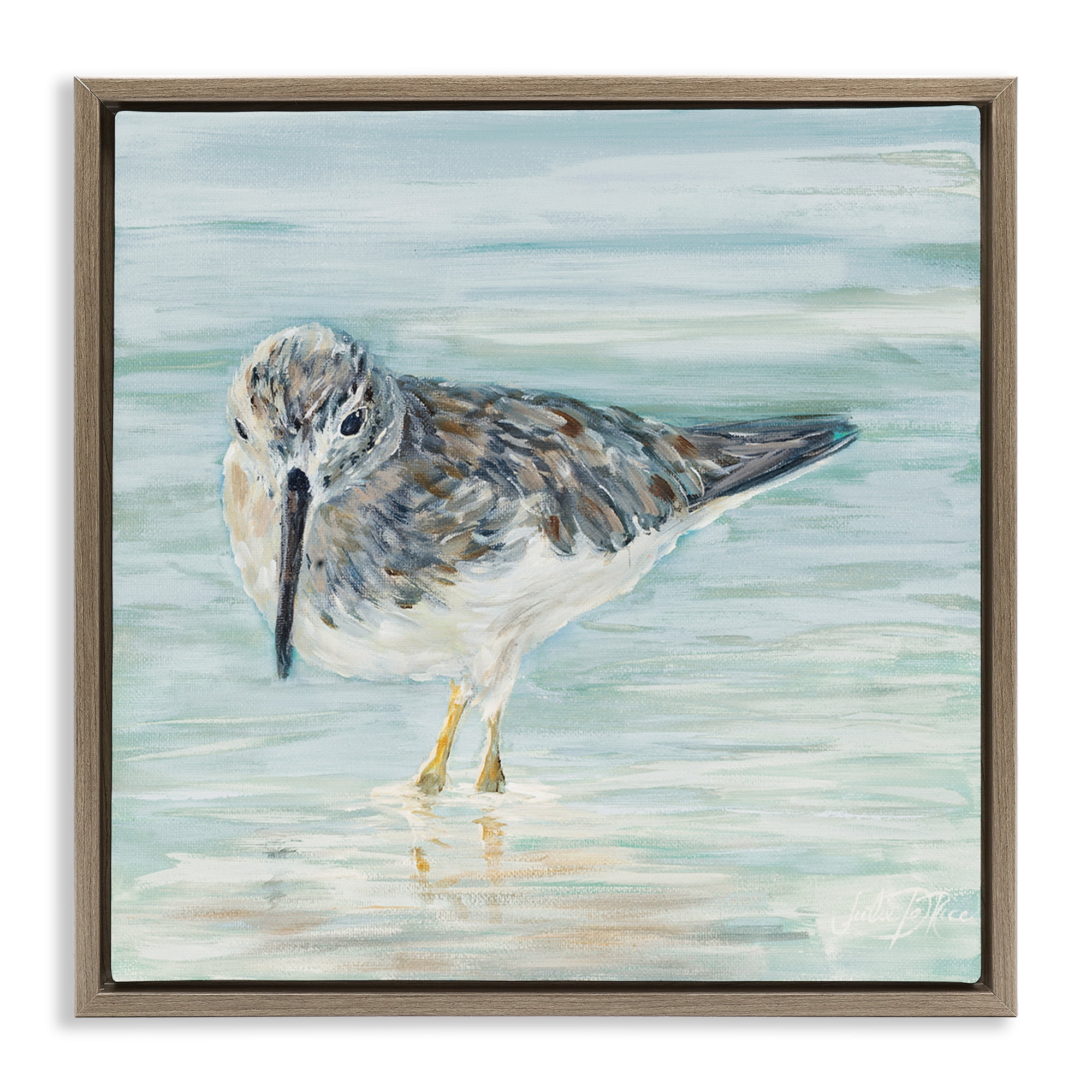 Stupell Industries Sandpiper in Shallow Beach Waters Animals & Insects Painting Brown Floater Framed Canvas Art Print Wall Art, 25 x 25