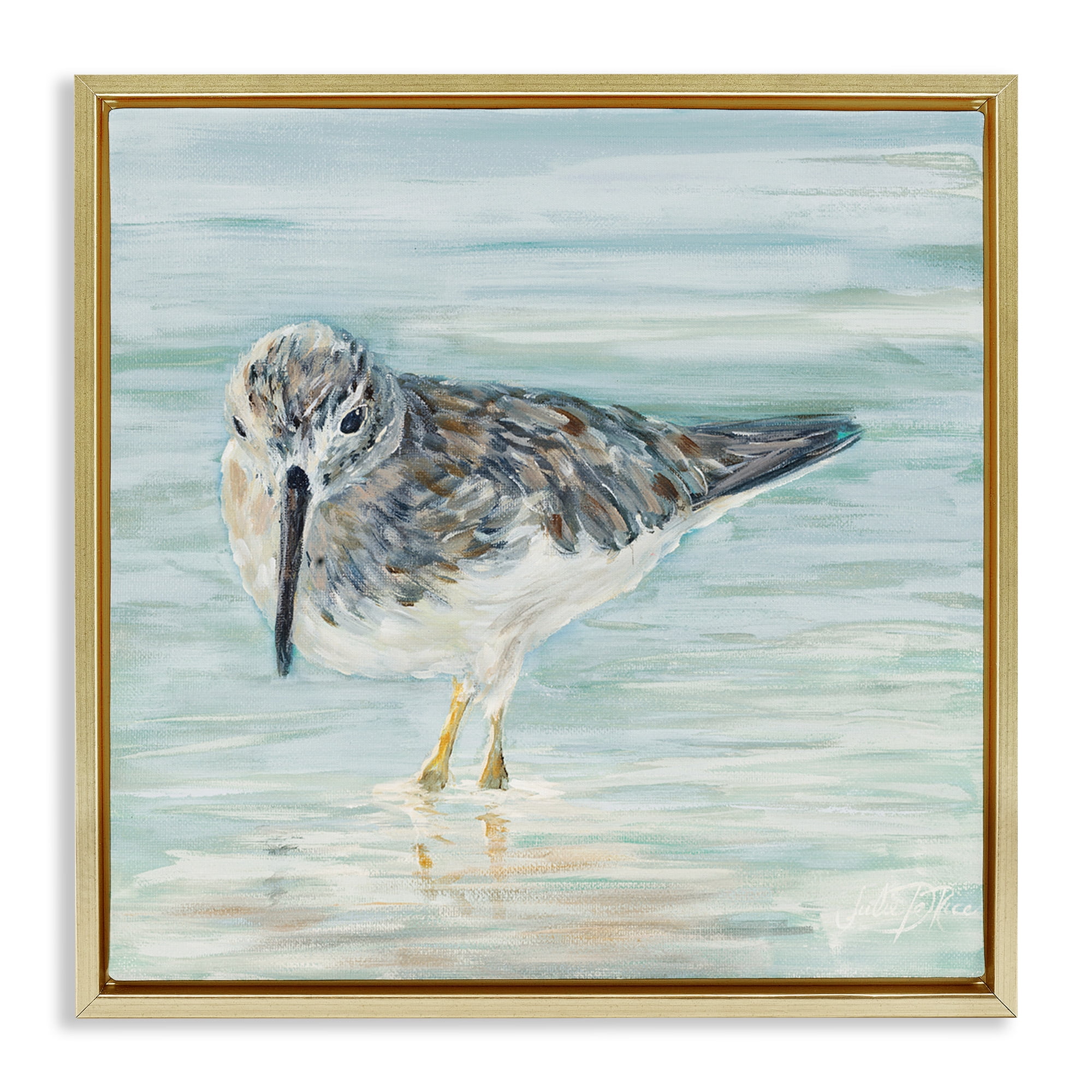 Stupell Industries Sandpiper in Shallow Beach Waters Animals & Insects Painting Gold Floater Framed Canvas Art Print Wall Art, 18 x 18