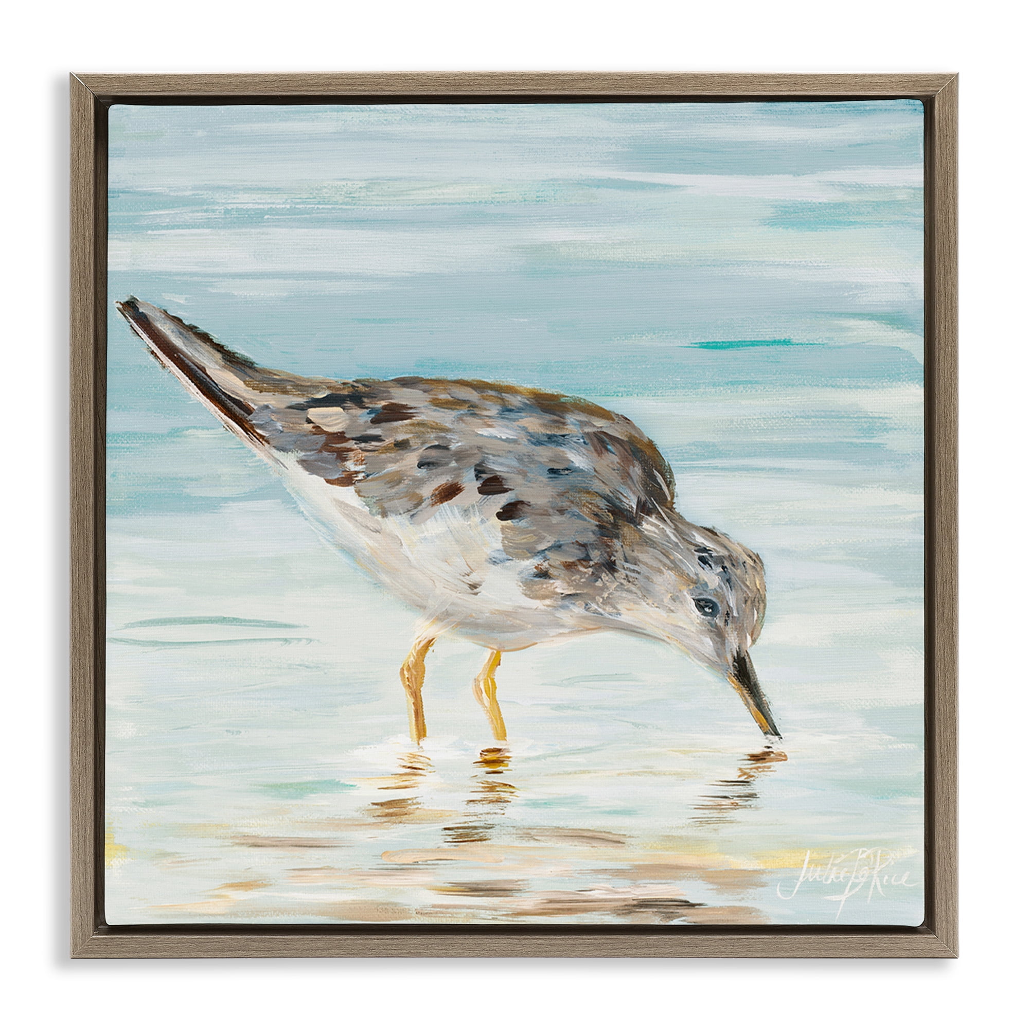Stupell Industries Sandpiper on Shallow Beach Coast Animals & Insects Painting Brown Floater Framed Canvas Art Print Wall Art, 18 x 18