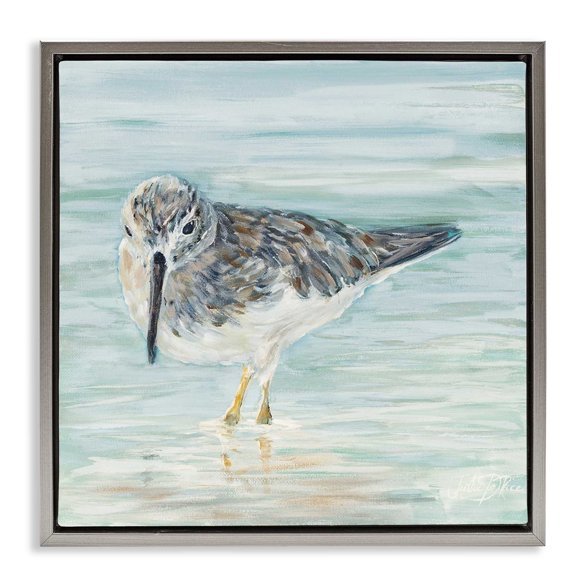 Stupell Industries Sandpiper on Shallow Shore Animals & Insects Painting Gray Floater Framed Canvas Art Print Wall Art, 18 x 18