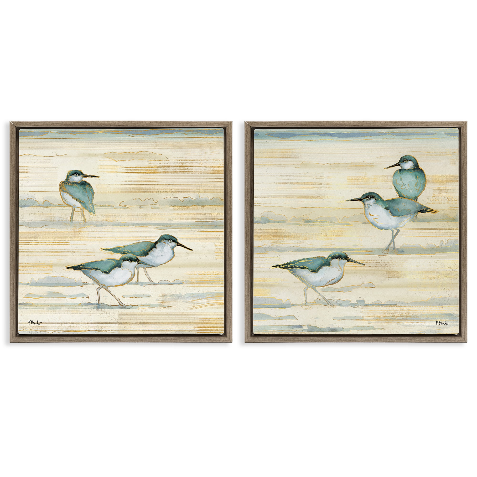 Stupell Industries Sandpipers Abstract Water Shoreline Animals & Insects Painting Brown Floater Framed Canvas Art Print Wall Art, 18 x 18, Set of 2