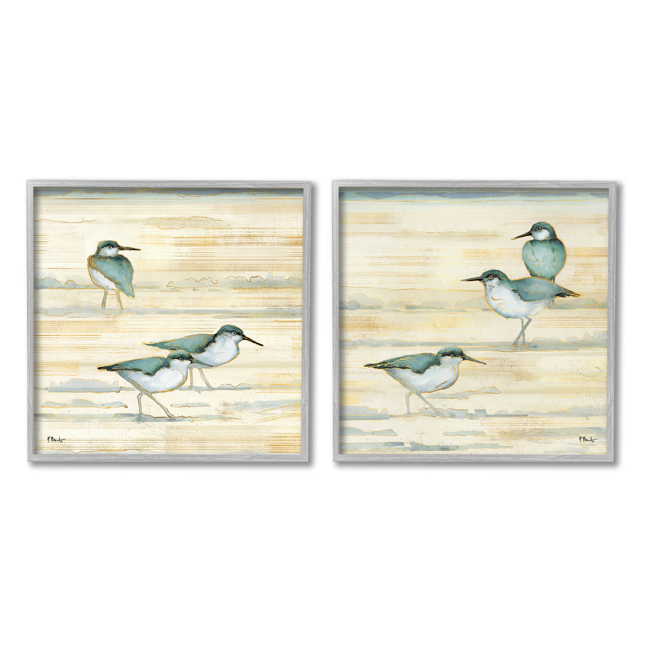 Stupell Industries Sandpipers Abstract Water Shoreline Painting Gray Framed Art Print Wall Art, Set of 2, Design by Paul Brent