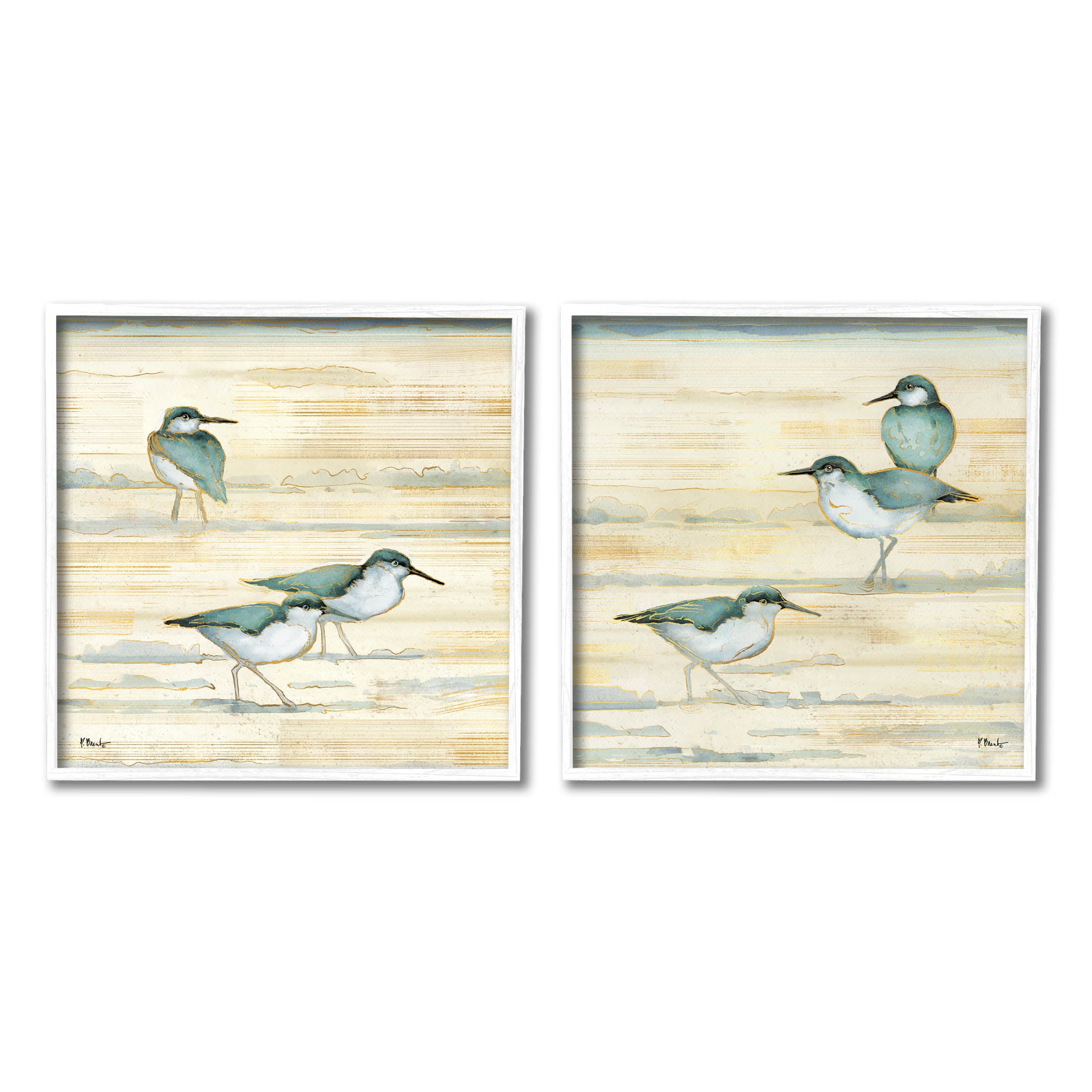 Stupell Industries Sandpipers Abstract Water Shoreline Painting White Framed Art Print Wall Art, Set of 2, Design by Paul Brent