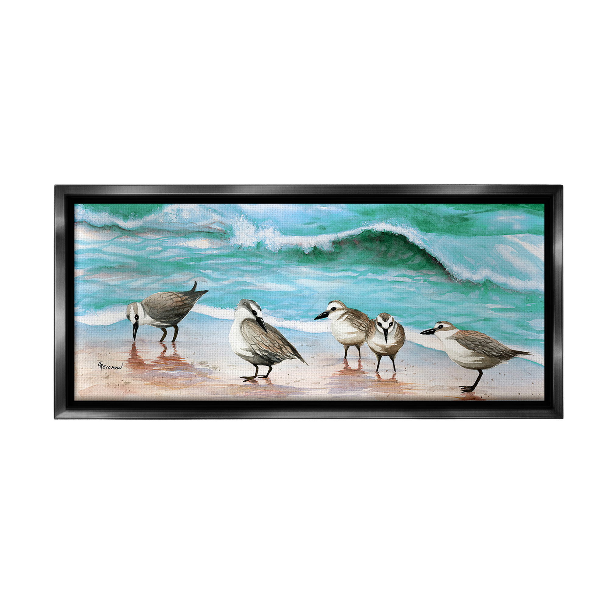 Stupell Industries Sandpipers Along Beach Shore Animals & Insects Painting Black Floater Framed Canvas Art Print Wall Art, 25 x 11
