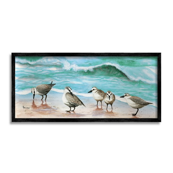 Stupell Industries Sandpipers Along Beach Shore Animals & Insects Painting Black Framed Art Print Wall Art, 30 x 13