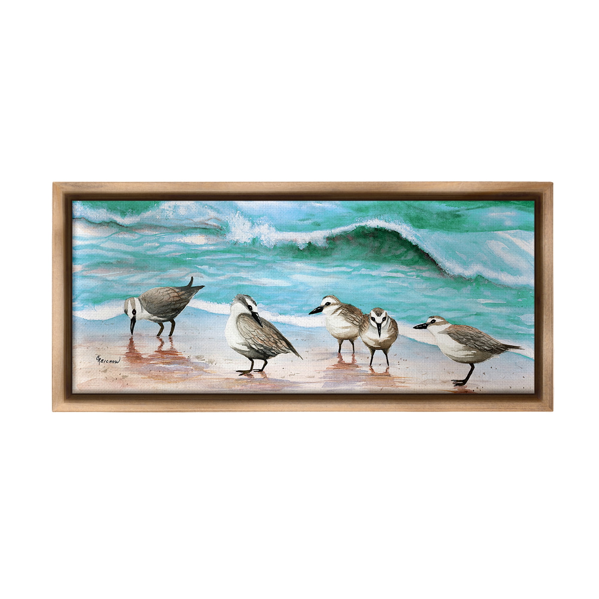 Stupell Industries Sandpipers Along Beach Shore Animals & Insects Painting Brown Floater Framed Canvas Art Print Wall Art, 31 x 14