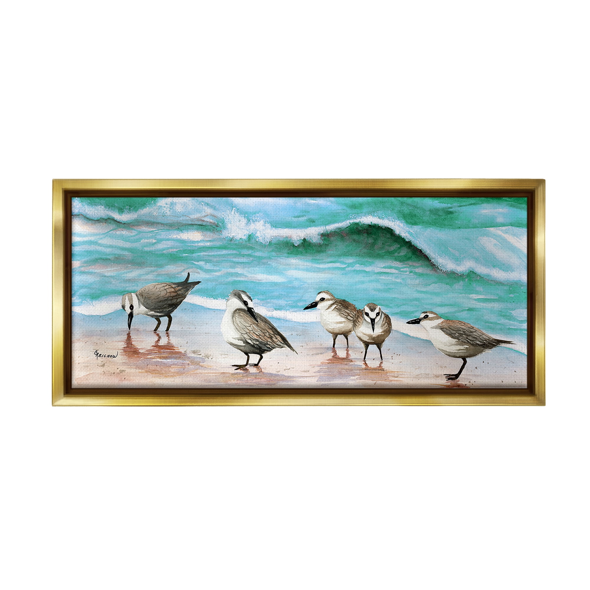 Stupell Industries Sandpipers Along Beach Shore Animals & Insects Painting Gold Floater Framed Canvas Art Print Wall Art, 25 x 11