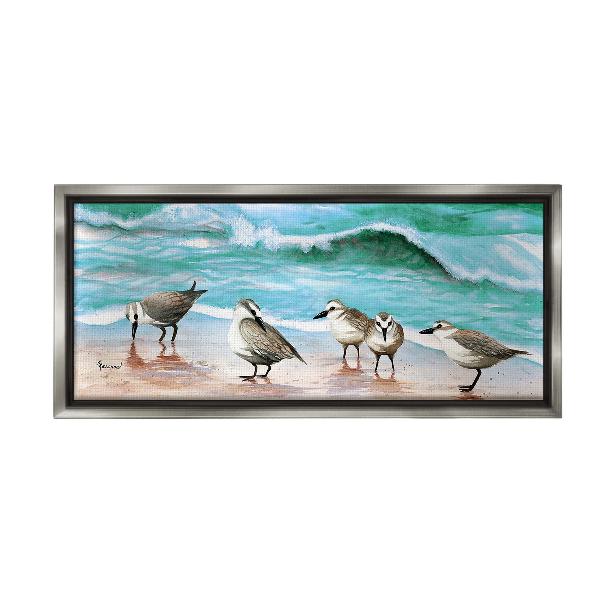 Stupell Industries Sandpipers Along Beach Shore Animals & Insects Painting Gray Floater Framed Canvas Art Print Wall Art, 31 x 14