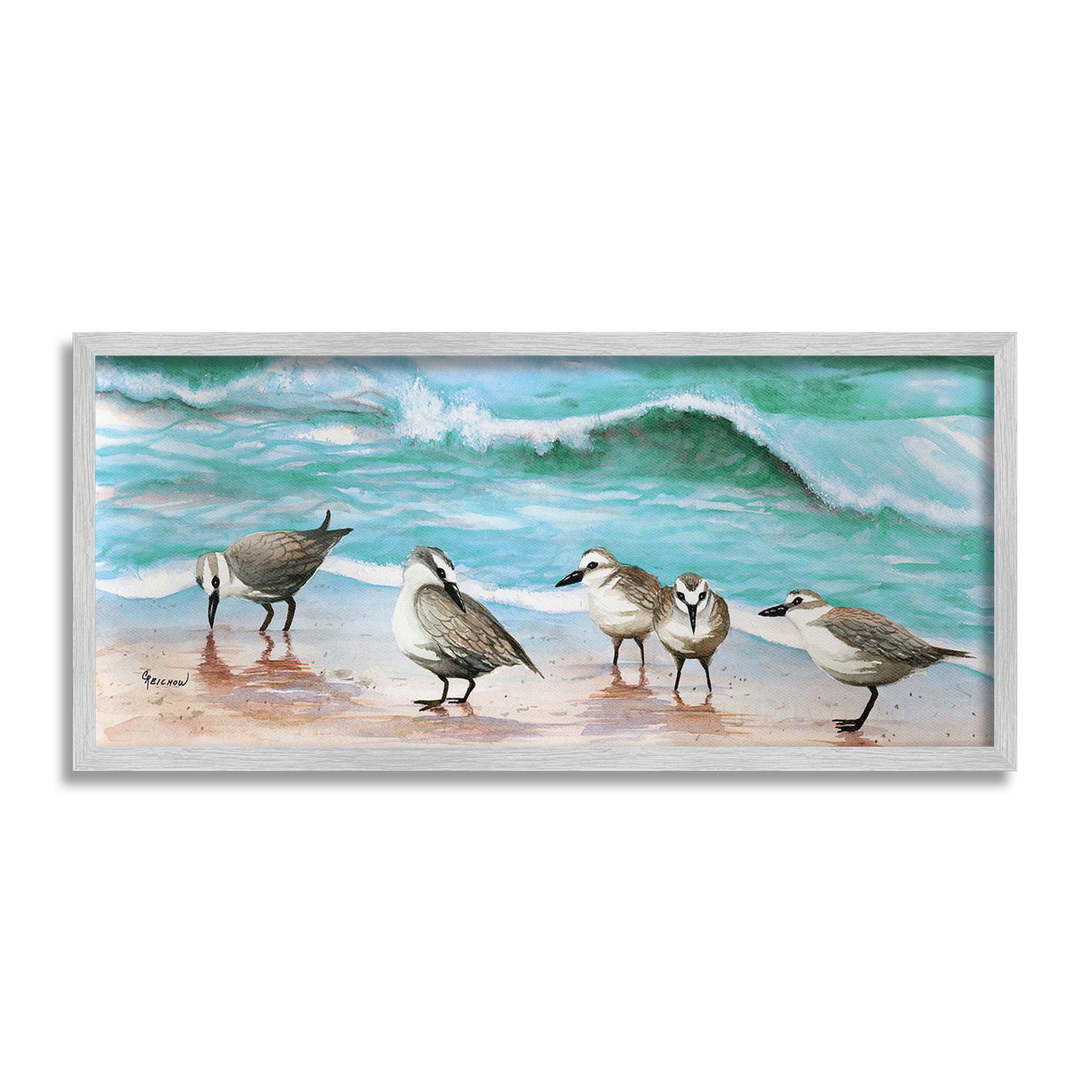 Stupell Industries Sandpipers Along Beach Shore Animals & Insects Painting Gray Framed Art Print Wall Art, 30 x 13