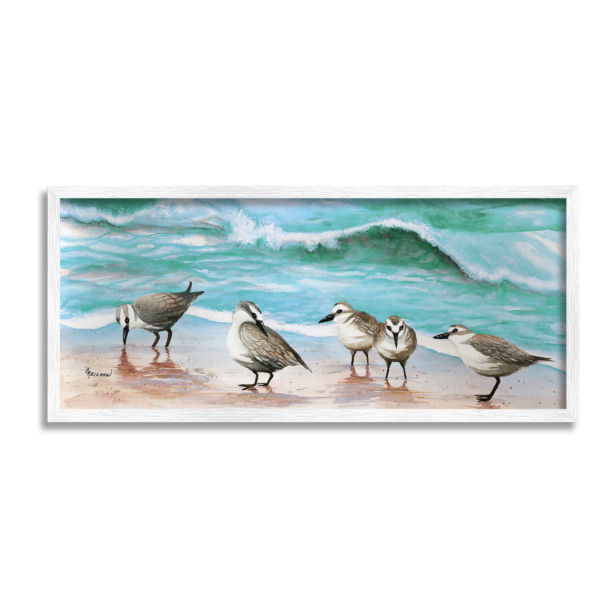 Stupell Industries Sandpipers Along Beach Shore Animals & Insects Painting White Framed Art Print Wall Art, 24 x 10