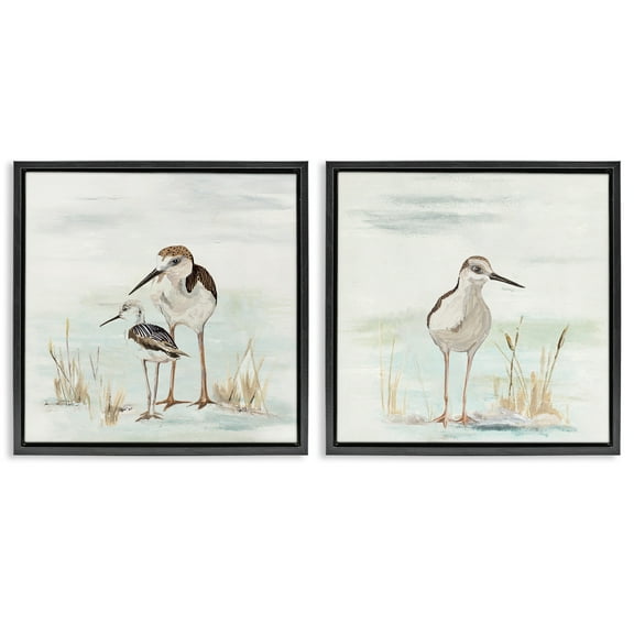Stupell Industries Sandpipers Among Beach Grasses Animals & Insects Painting Black Floater Framed Canvas Art Print Wall Art, 18 x 18, Set of 2