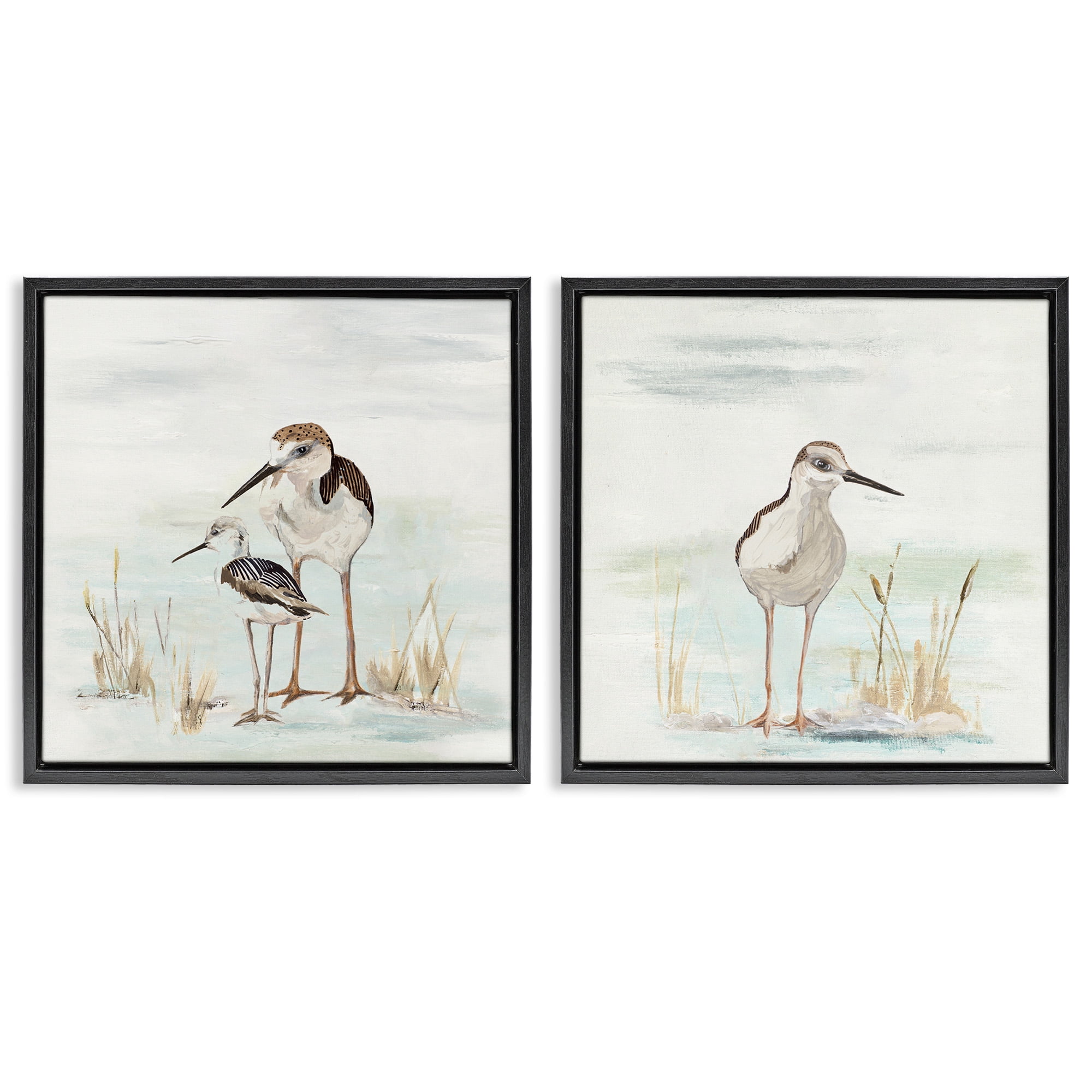 Stupell Industries Sandpipers Among Beach Grasses Animals & Insects Painting Black Floater Framed Canvas Art Print Wall Art, 25 x 25, Set of 2