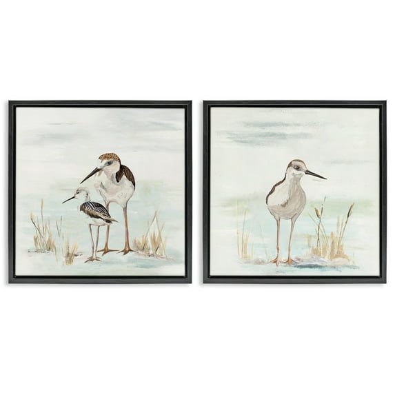 Stupell Industries Sandpipers Among Beach Grasses Animals & Insects Painting Black Floater Framed Canvas Art Print Wall Art, 25 x 25, Set of 2