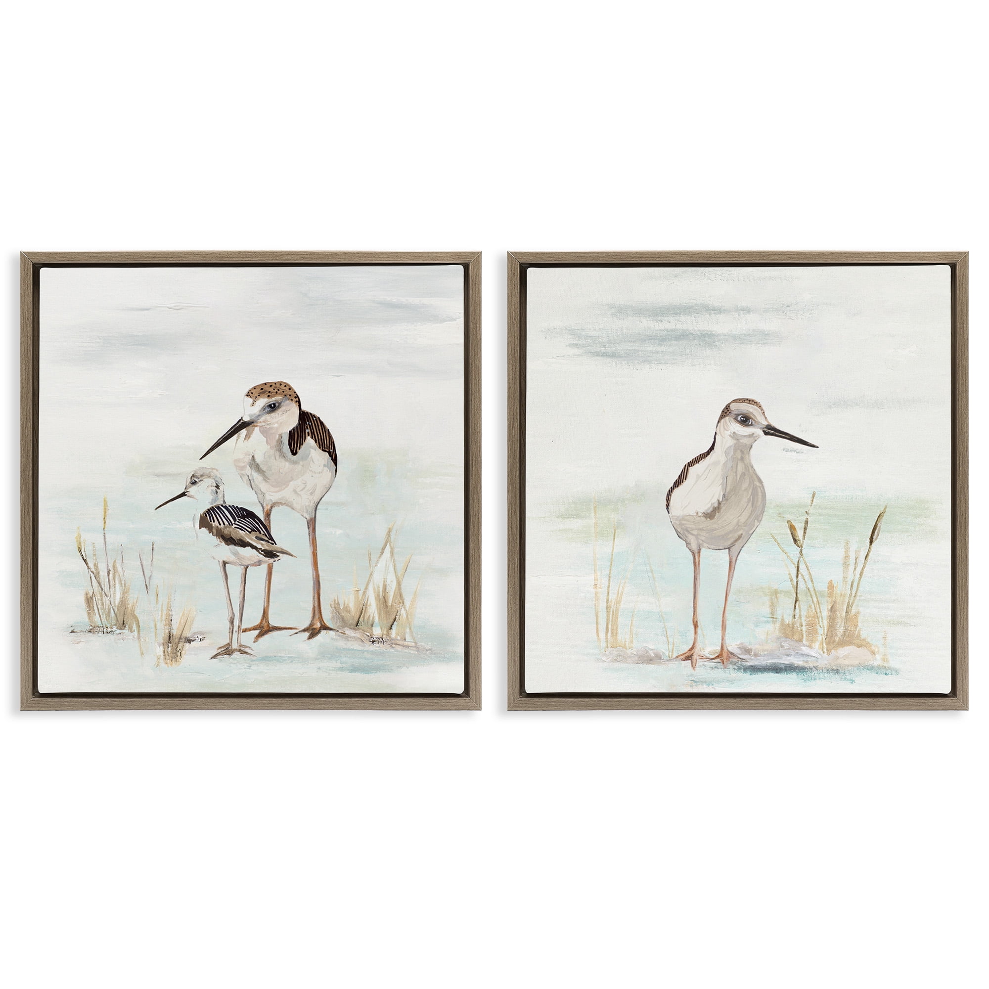 Stupell Industries Sandpipers Among Beach Grasses Animals & Insects Painting Brown Floater Framed Canvas Art Print Wall Art, 25 x 25, Set of 2