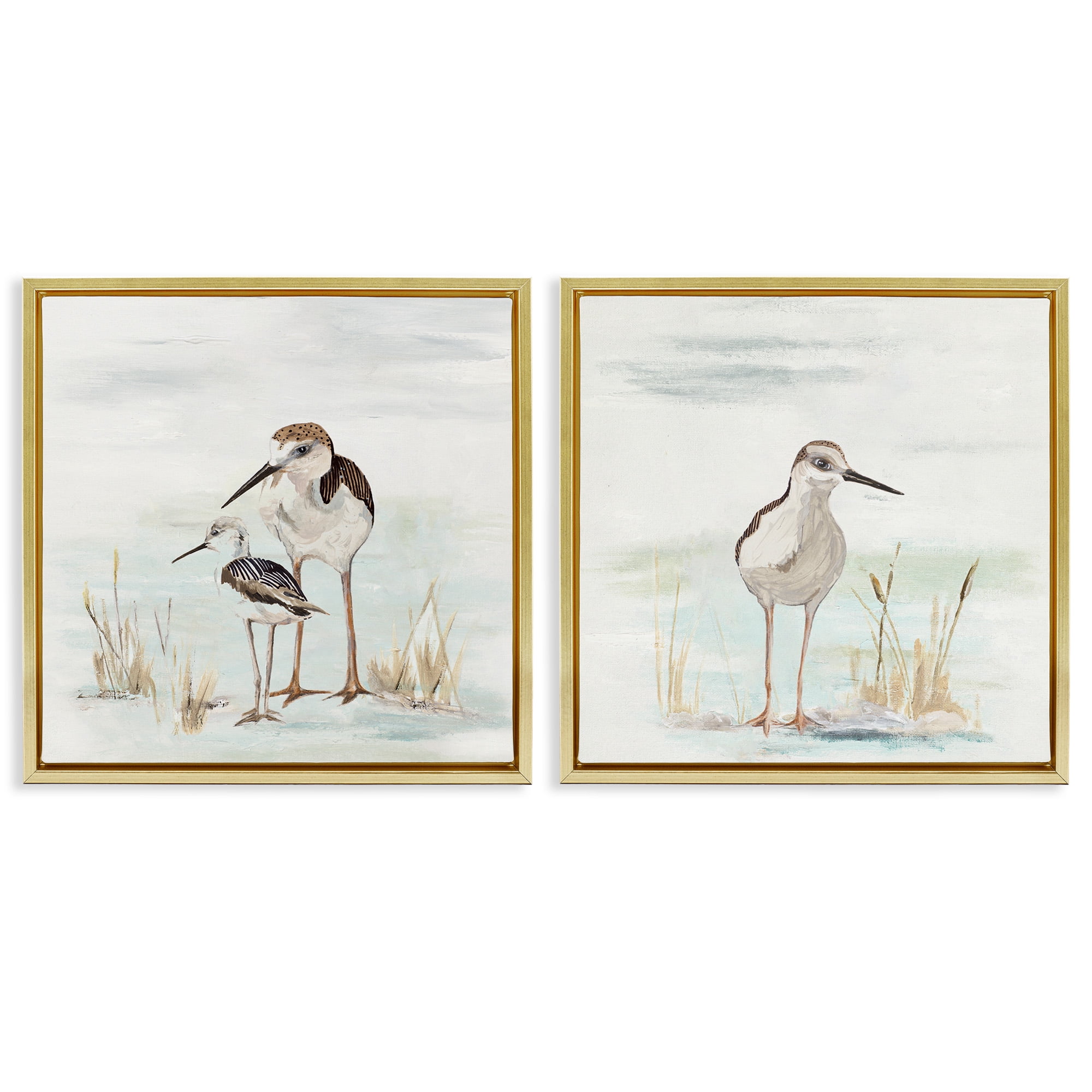 Stupell Industries Sandpipers Among Beach Grasses Animals & Insects Painting Gold Floater Framed Canvas Art Print Wall Art, 25 x 25, Set of 2