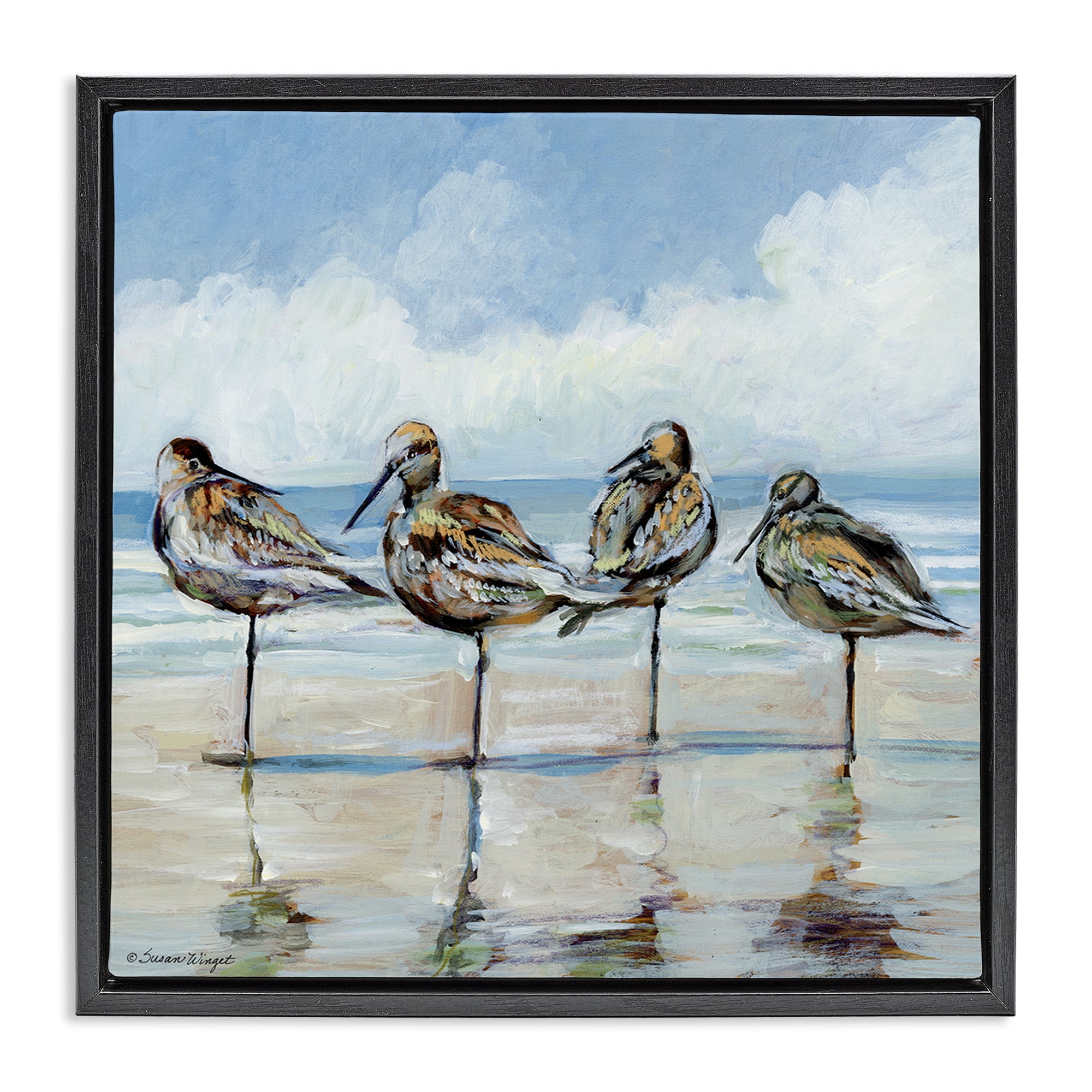 Stupell Industries Sandpipers Balancing On Beach Black Framed Floater Canvas Wall Art, design by Susan Winget