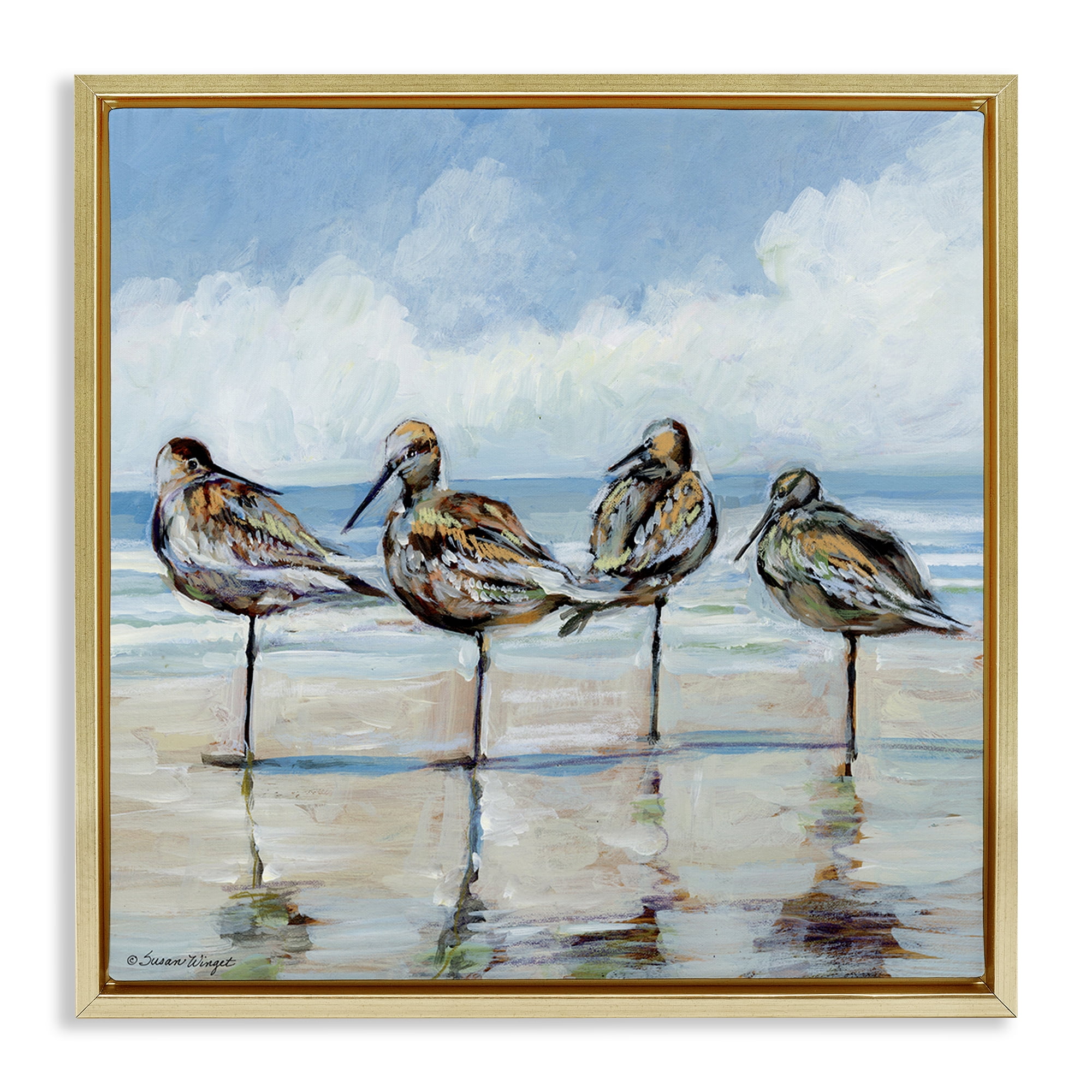 Stupell Industries Sandpipers Balancing On Beach Gold Framed Floater Canvas Wall Art, design by Susan Winget