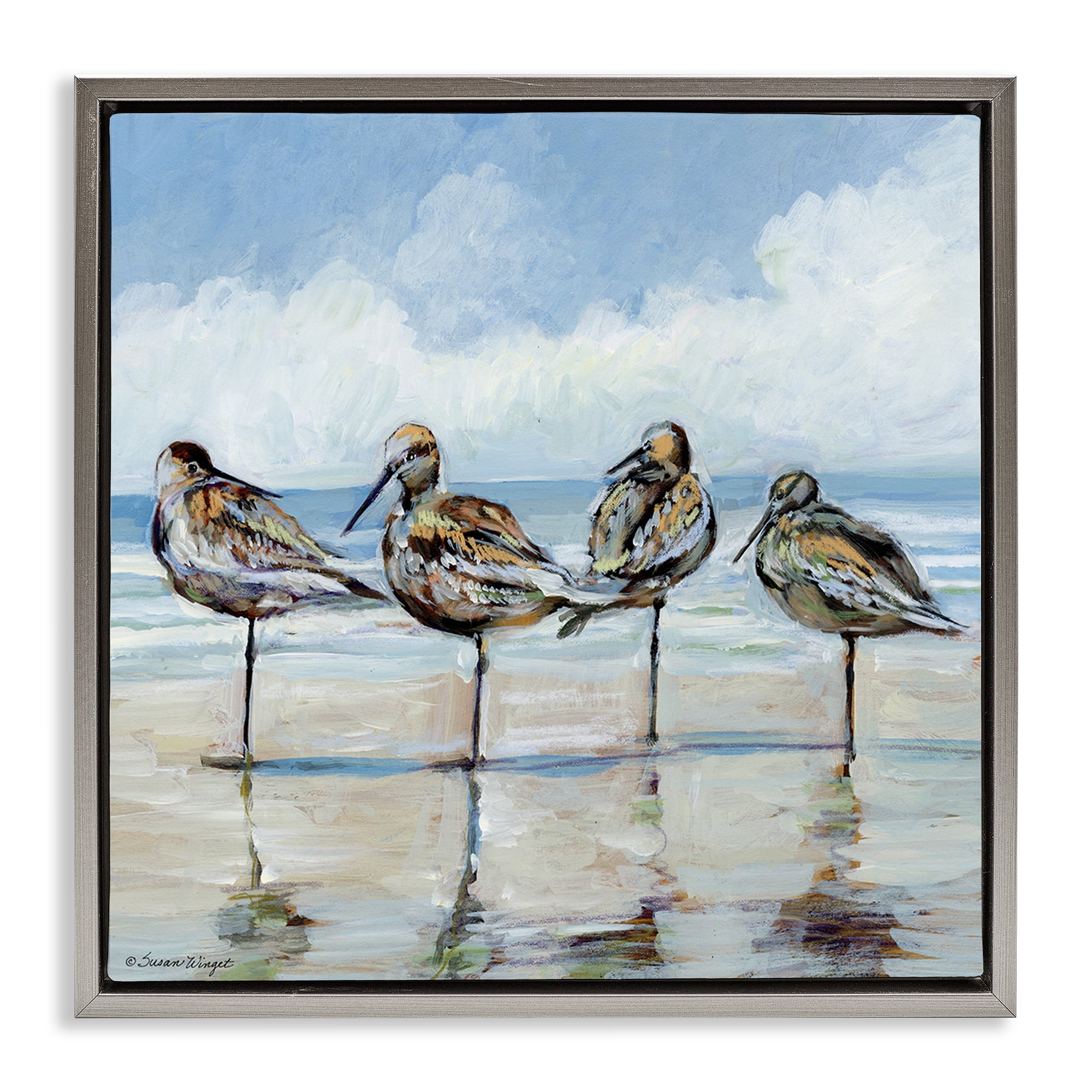 Stupell Industries Sandpipers Balancing On Beach Gray Framed Floater Canvas Wall Art, design by Susan Winget
