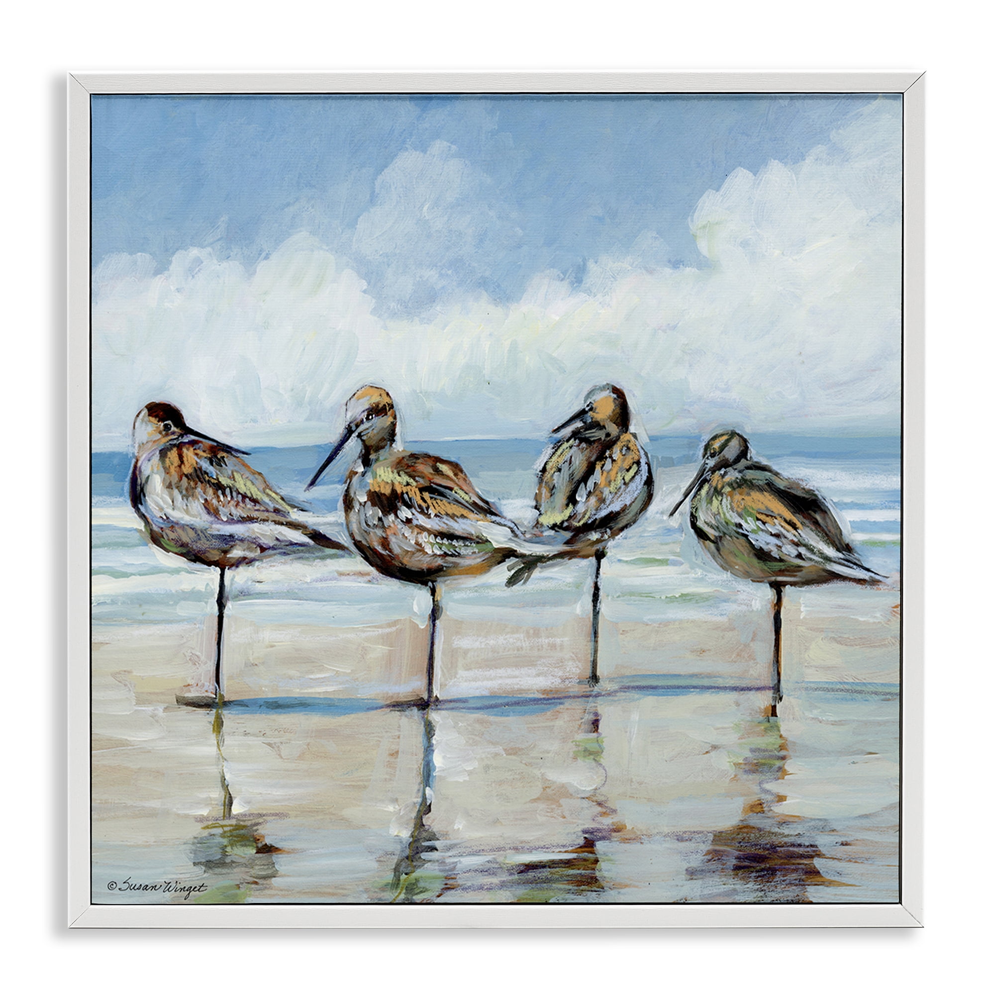 Stupell Industries Sandpipers Balancing On Beach White Framed Giclee Art, design by Susan Winget