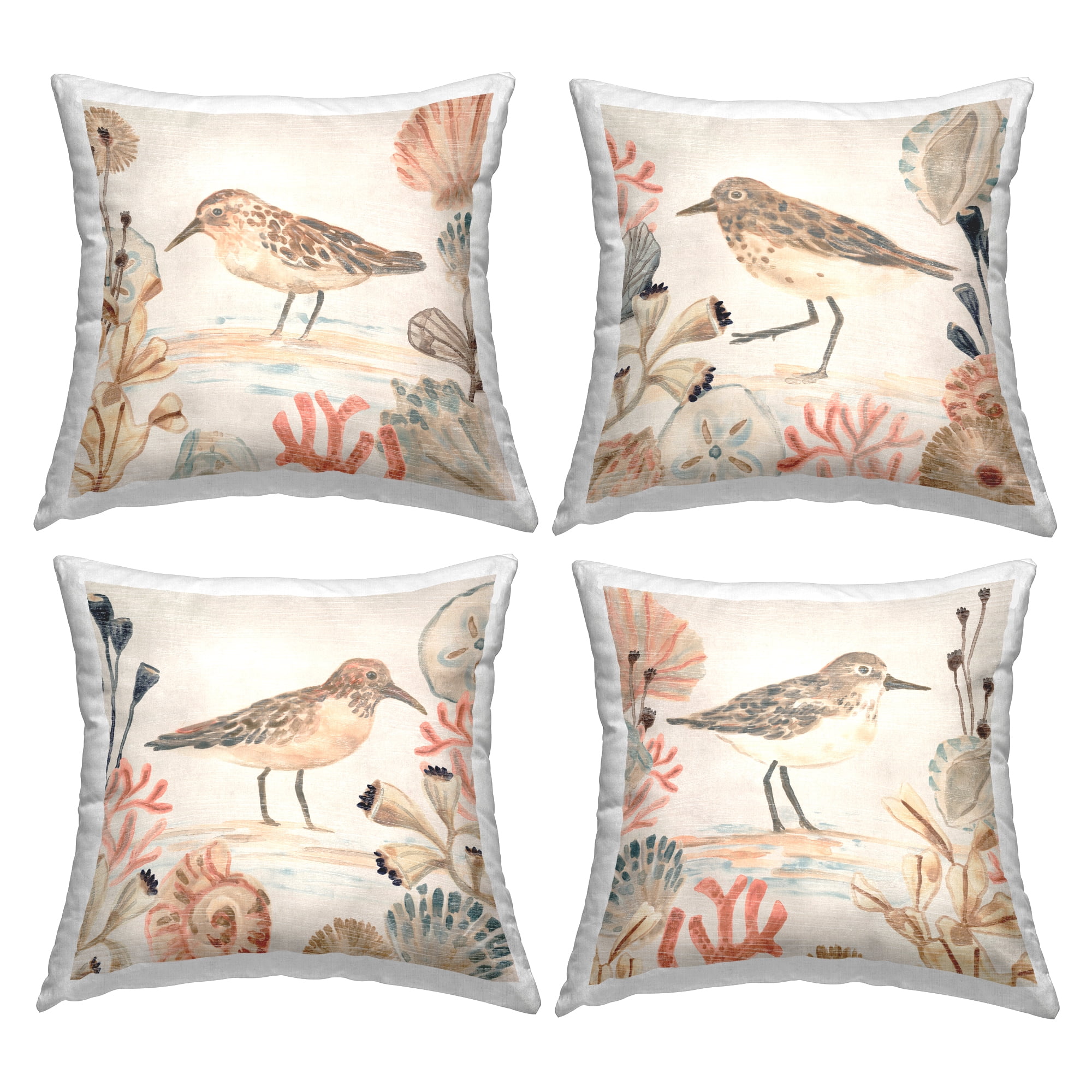 Stupell Industries Sandpipers & Beach Coral Square Decorative Printed Throw Pillow, 18 x 18, Set of 4