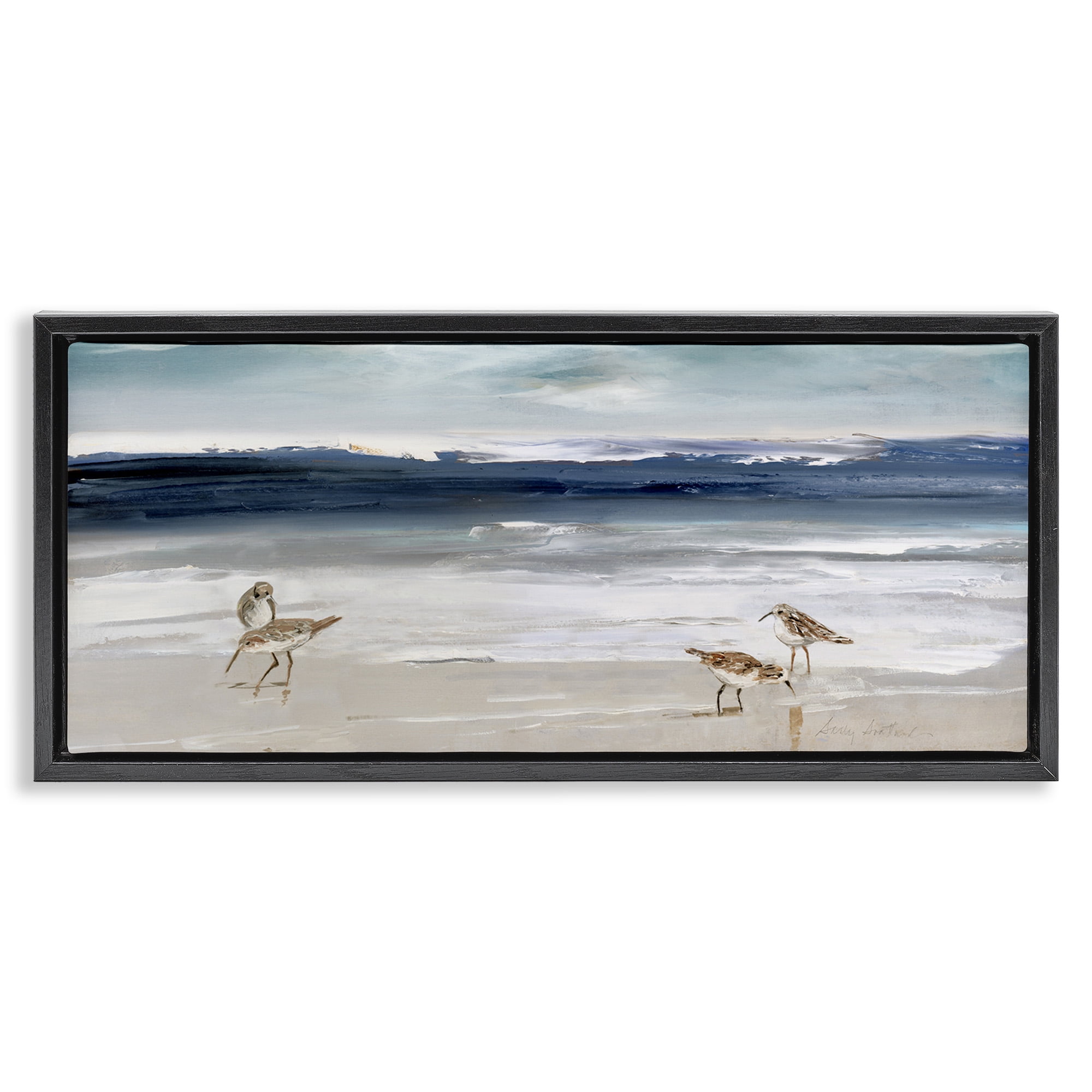 Stupell Industries Sandpipers Grazing Sea Shore Nature Painting Black Floater Framed Canvas Art Print Wall Art, 31 x 14