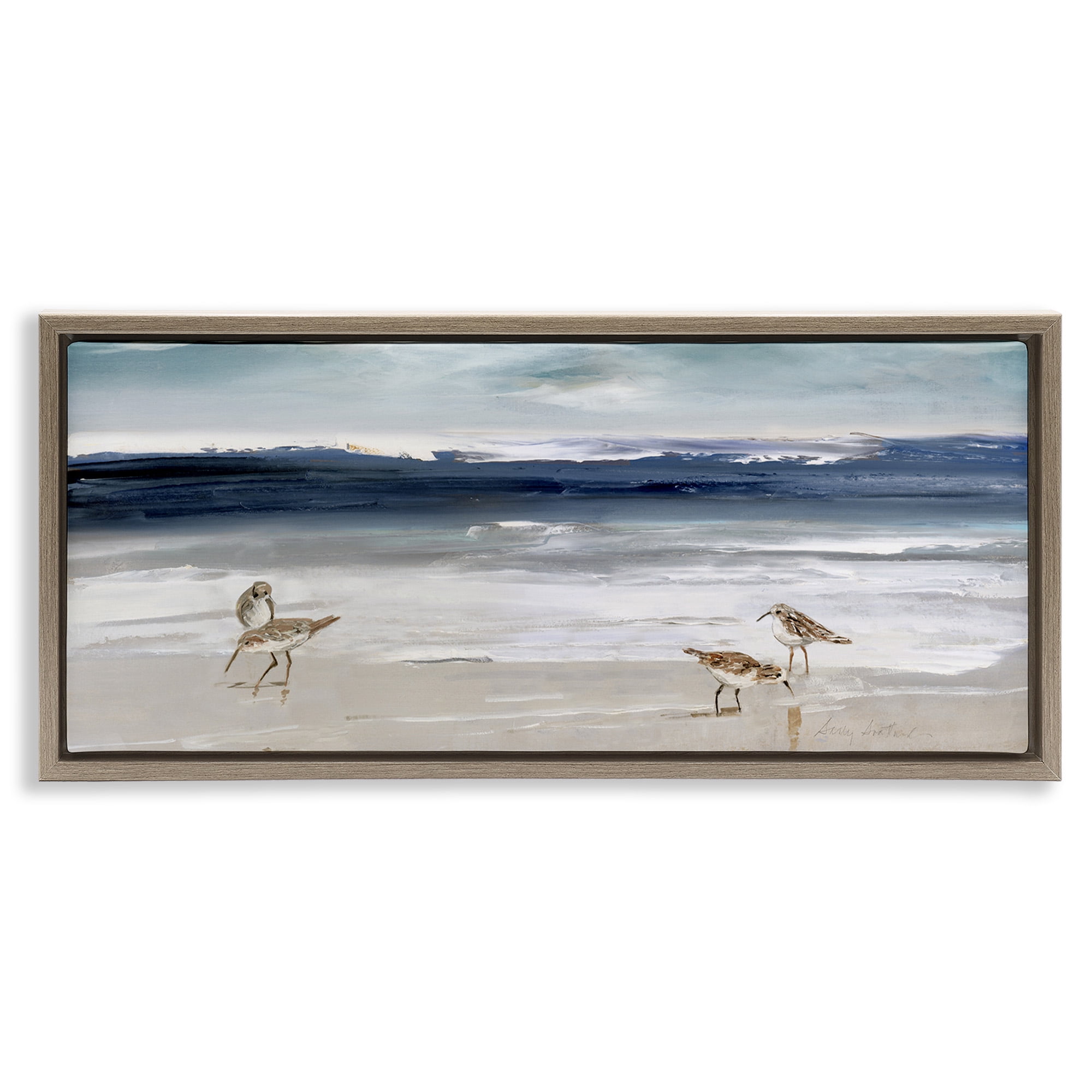 Stupell Industries Sandpipers Grazing Sea Shore Nature Painting Brown Floater Framed Canvas Art Print Wall Art, 31 x 14