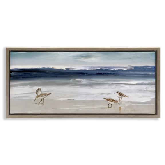 Stupell Industries Sandpipers Grazing Sea Shore Nature Painting Brown Floater Framed Canvas Art Print Wall Art, 31 x 14
