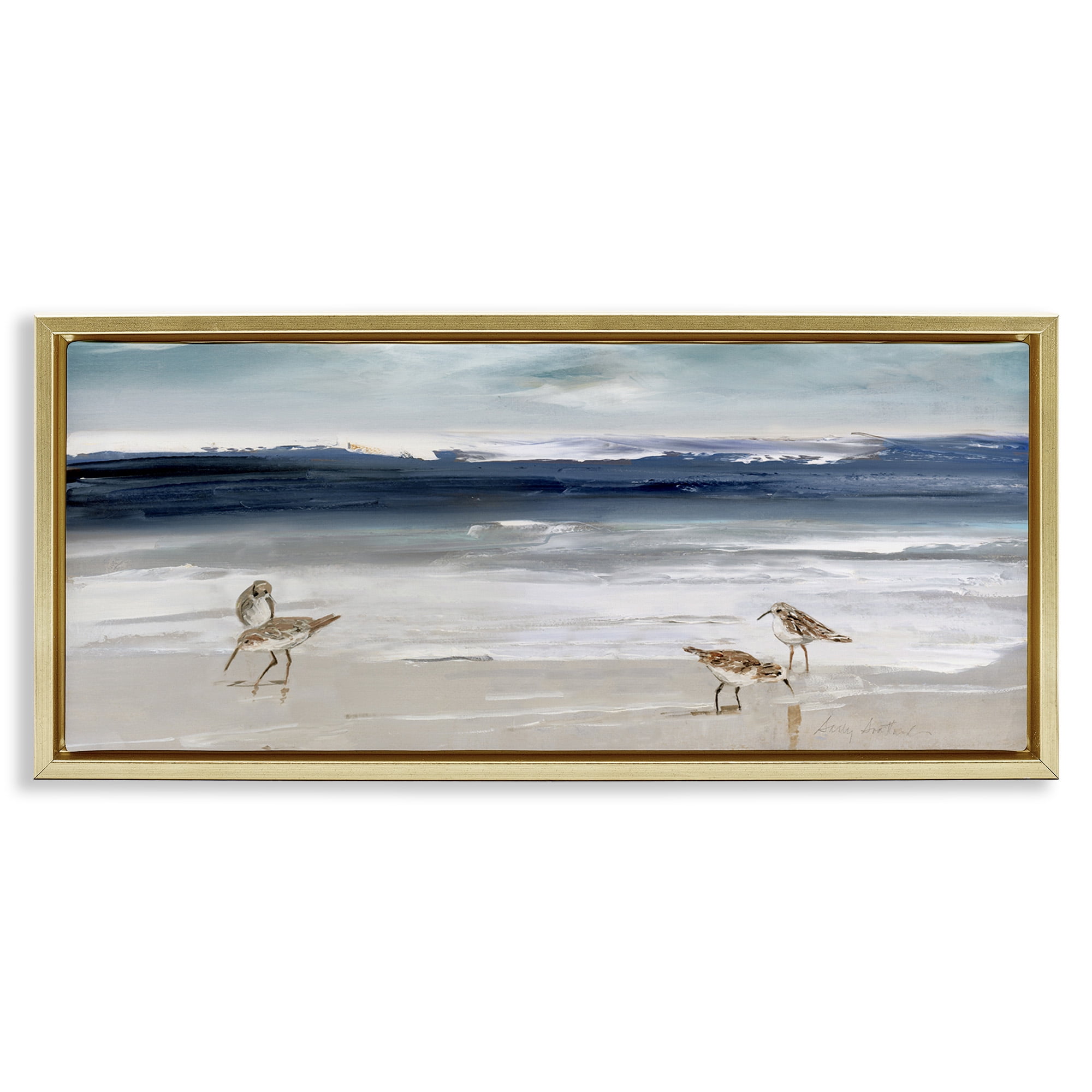 Stupell Industries Sandpipers Grazing Sea Shore Nature Painting Gold Floater Framed Canvas Art Print Wall Art, 31 x 14