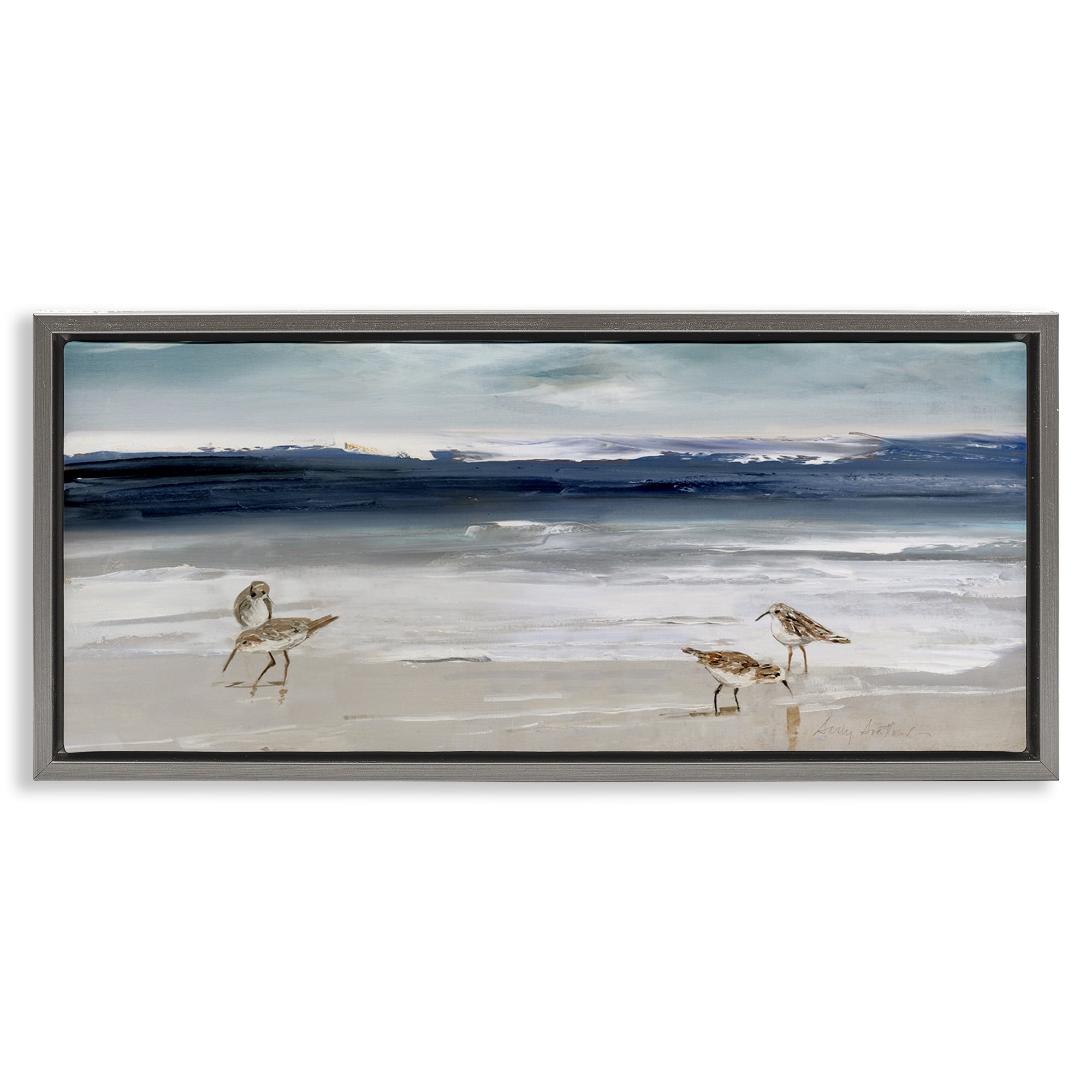 Stupell Industries Sandpipers Grazing Sea Shore Nature Painting Gray Floater Framed Canvas Art Print Wall Art, 25 x 11