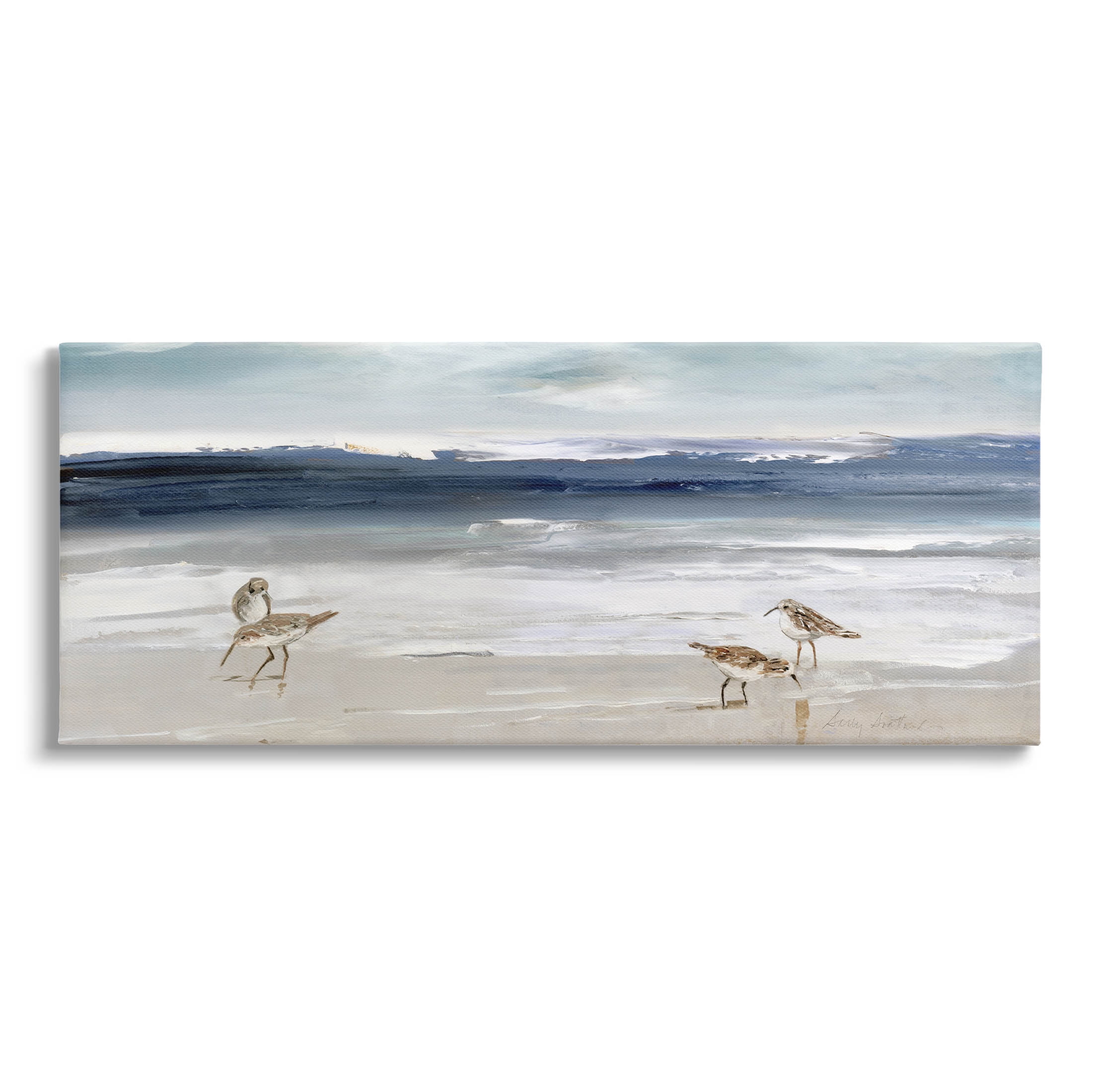 Sandpipers Grazing Sea Shore Blue Canvas Wall Art