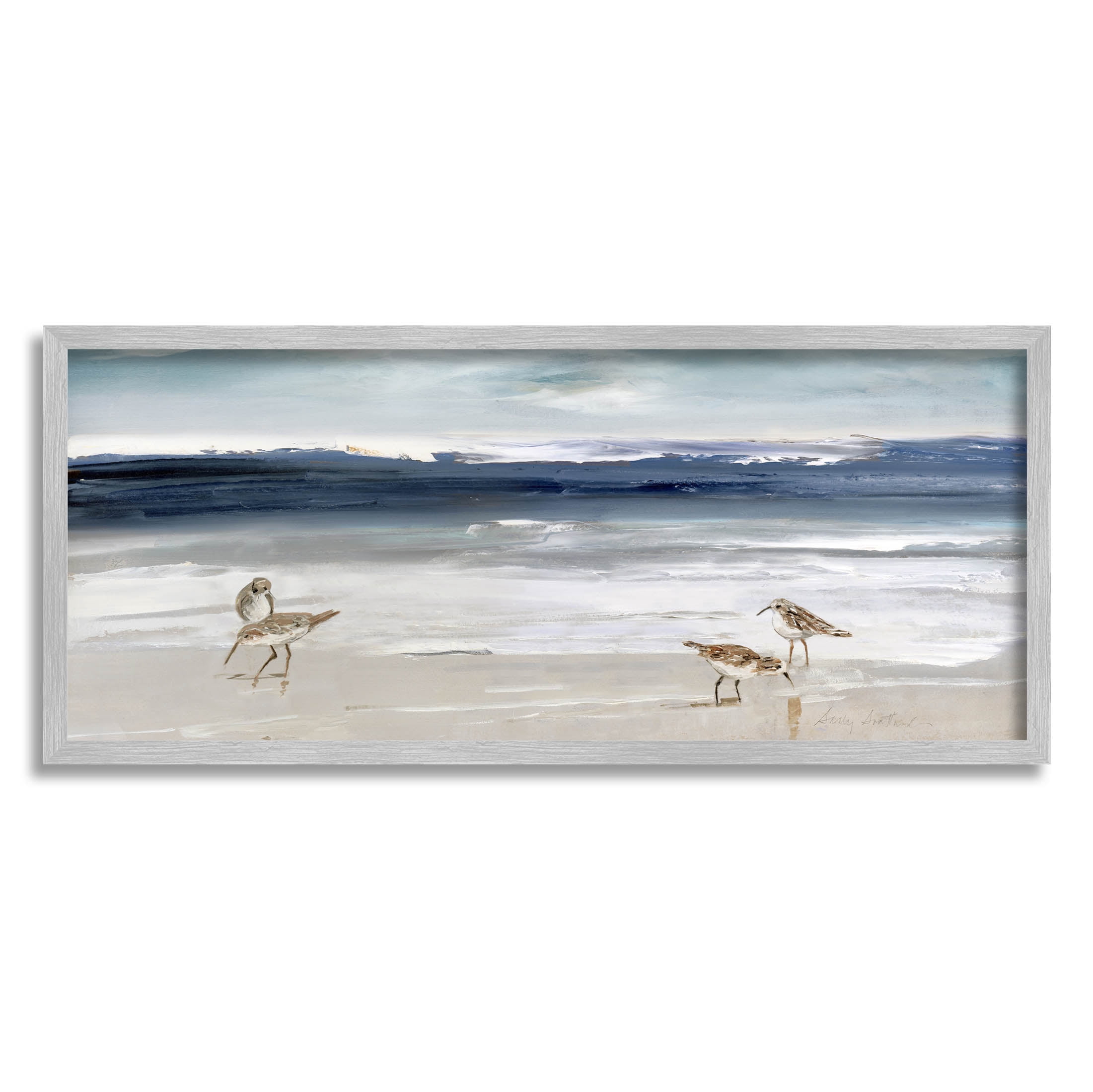 Stupell Industries Sandpipers Grazing Sea Shore Painting Gray Framed Art Print Wall Art, Design by Sally Swatland