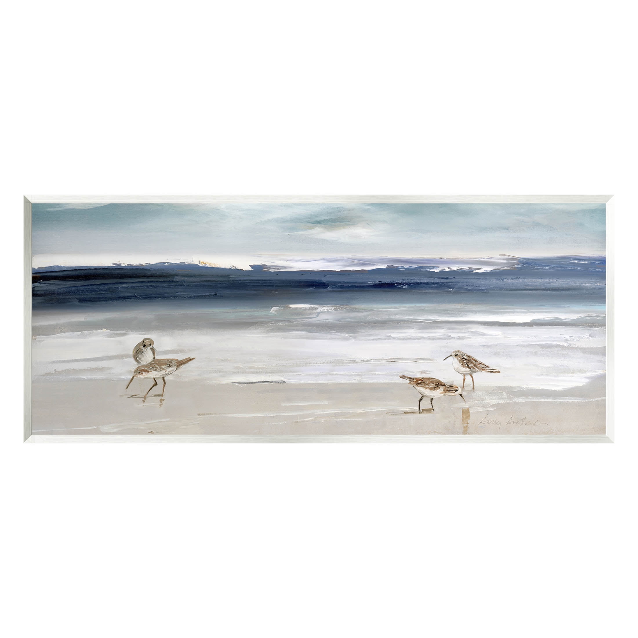 Sandpipers Grazing Sea Shore Blue and Beige Wood Wall Art