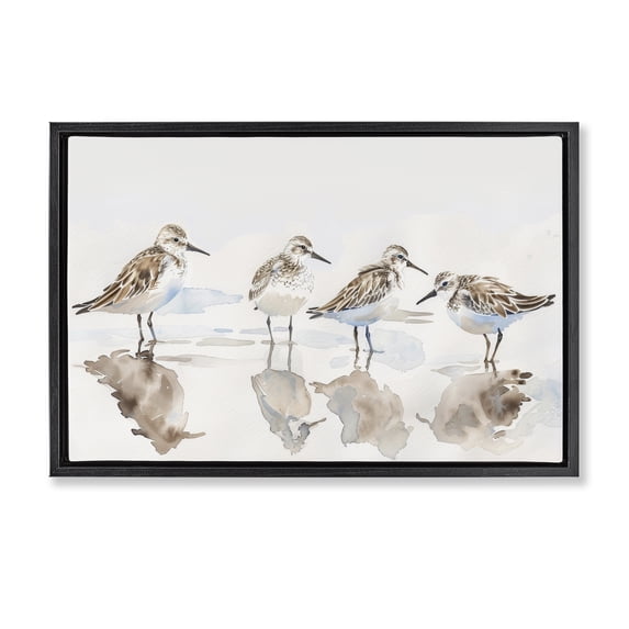 Stupell Industries Farmhouse Sandpipers Shore Reflection Black Floating Frame Canvas Art, 25 x 17, by Petals Prints Design