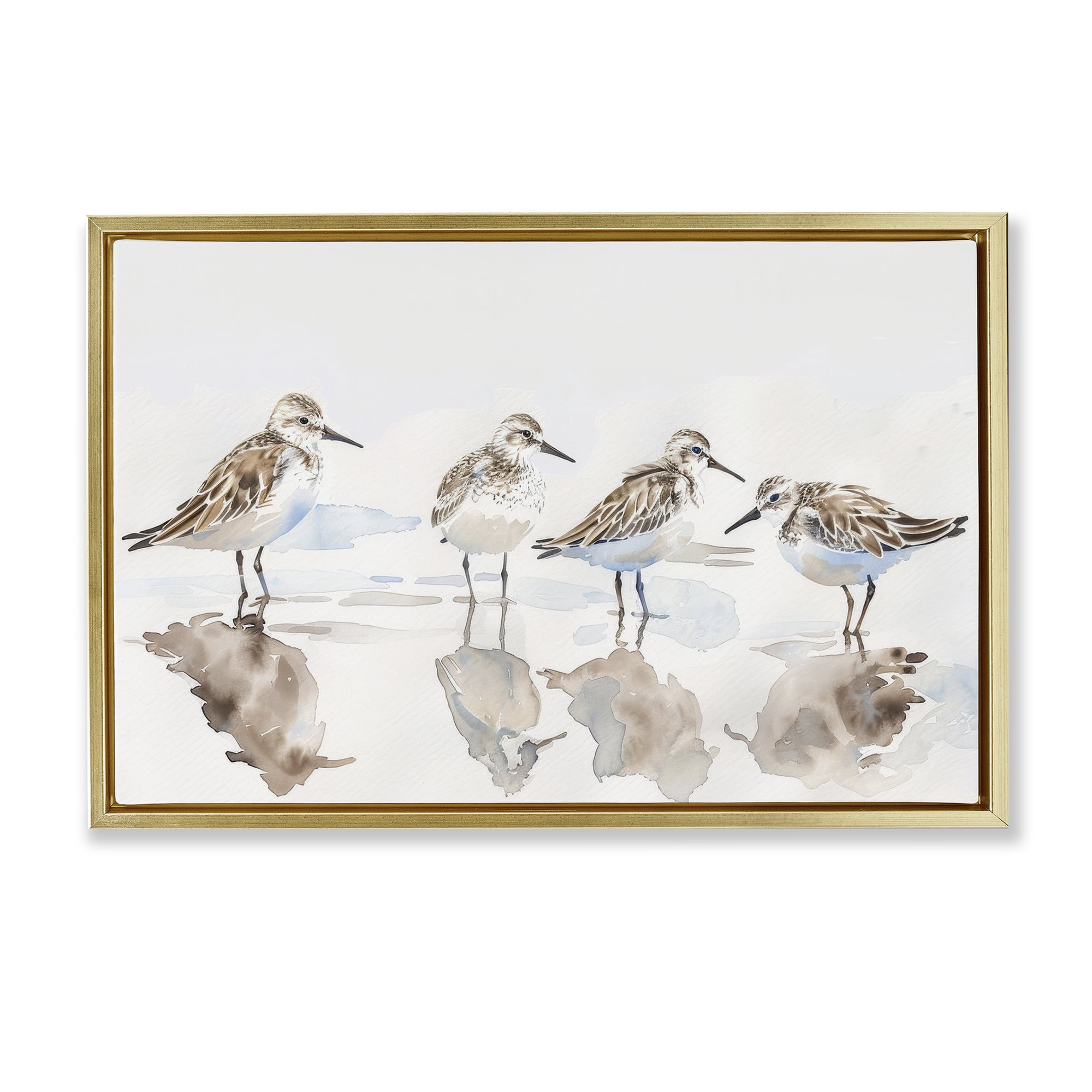 Stupell Industries Sandpipers Shore Reflection Animals Painting Gold Floater Framed Canvas Art Print Wall Art, 25 x 17
