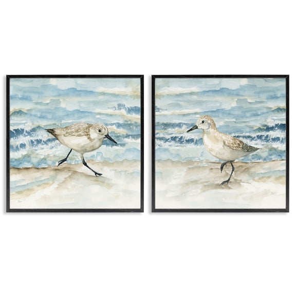 Stupell Industries Sandpipers Treading Beach Shore Animals Painting Black Framed Art Print Wall Art, 12 x 12, Set of 2