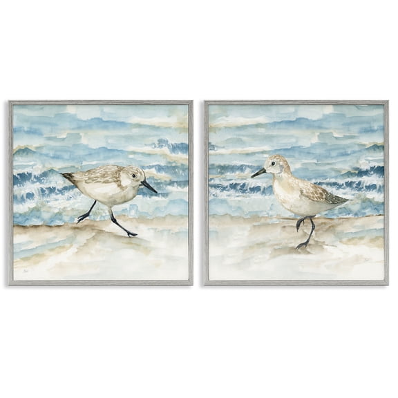 Stupell Industries Sandpipers Treading Beach Shore Animals Painting Gray Framed Art Print Wall Art, 17 x 17, Set of 2
