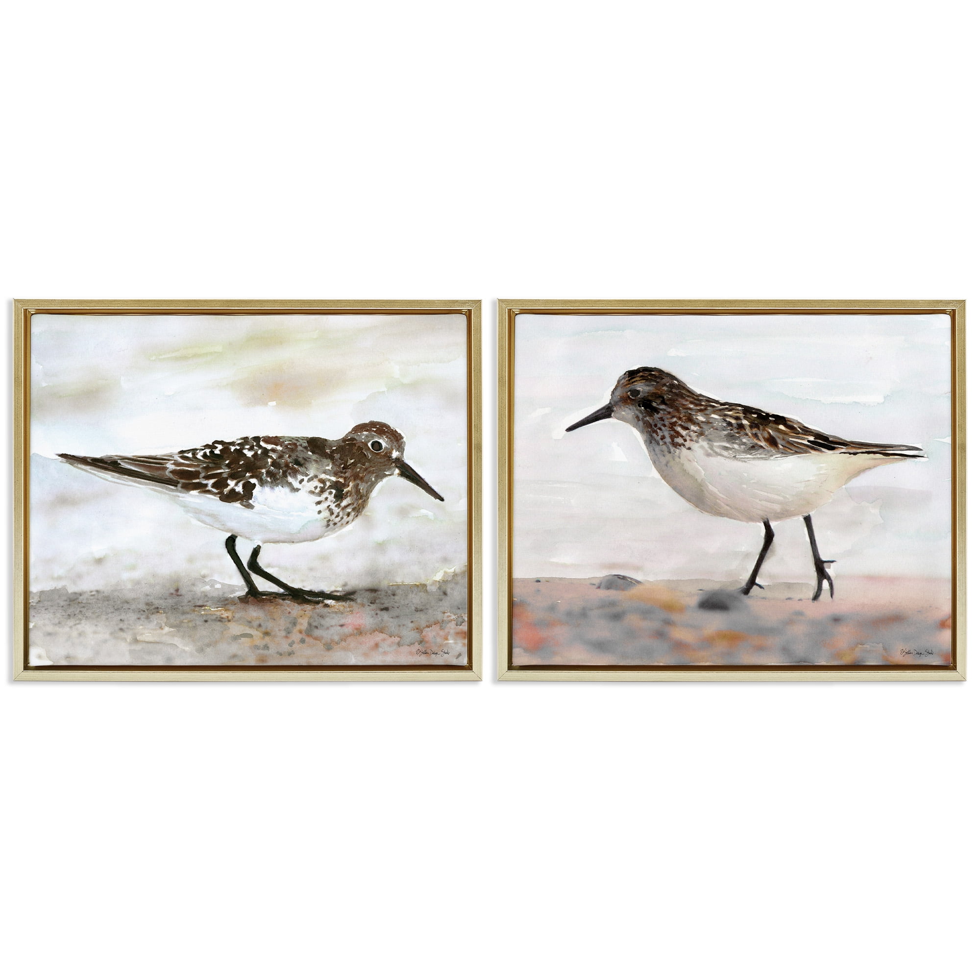 Stupell Industries Sandpipers on Coast Nautical Beach Animals & Insects Painting Gold Floater Framed Canvas Art Print Wall Art, 21 x 17, Set of 2